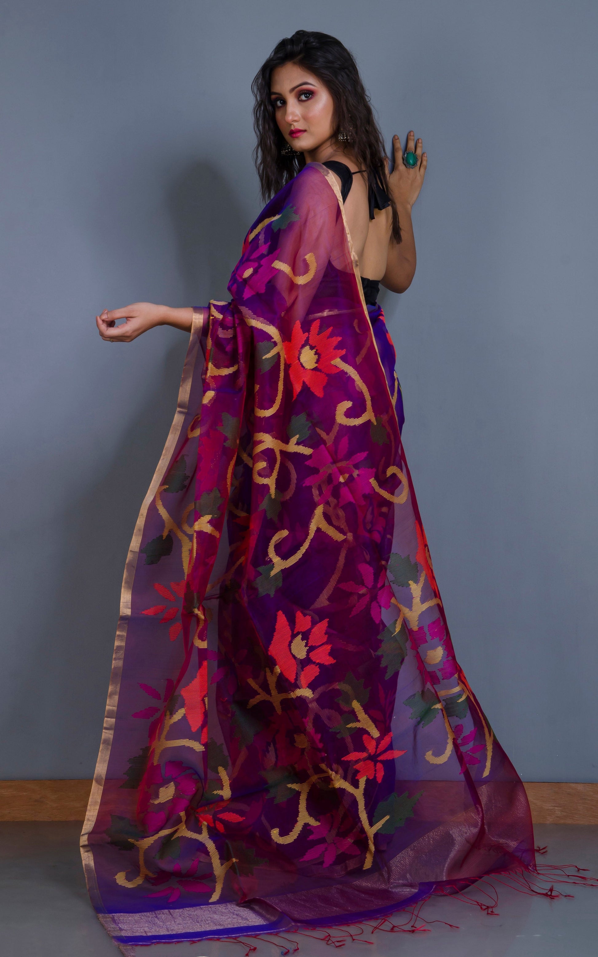 Premium Quality Muslin Silk Jamdani Saree in Purple and Multicolored Thread Work