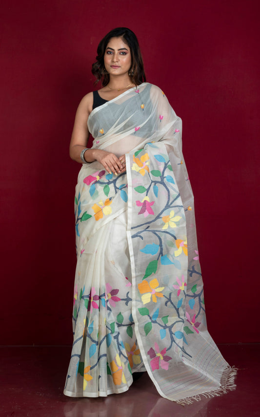 Premium Quality Hand Woven Floral Orchid Nakshi Work Muslin Silk Dhakai Jamdani Saree in Pearl White and Multicolored Minakari Thread Work