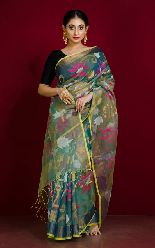 Premium Quality Muslin Silk Jamdani Saree in Dual Tone Apple Green, Gold Zari and Multicolored Thread Work