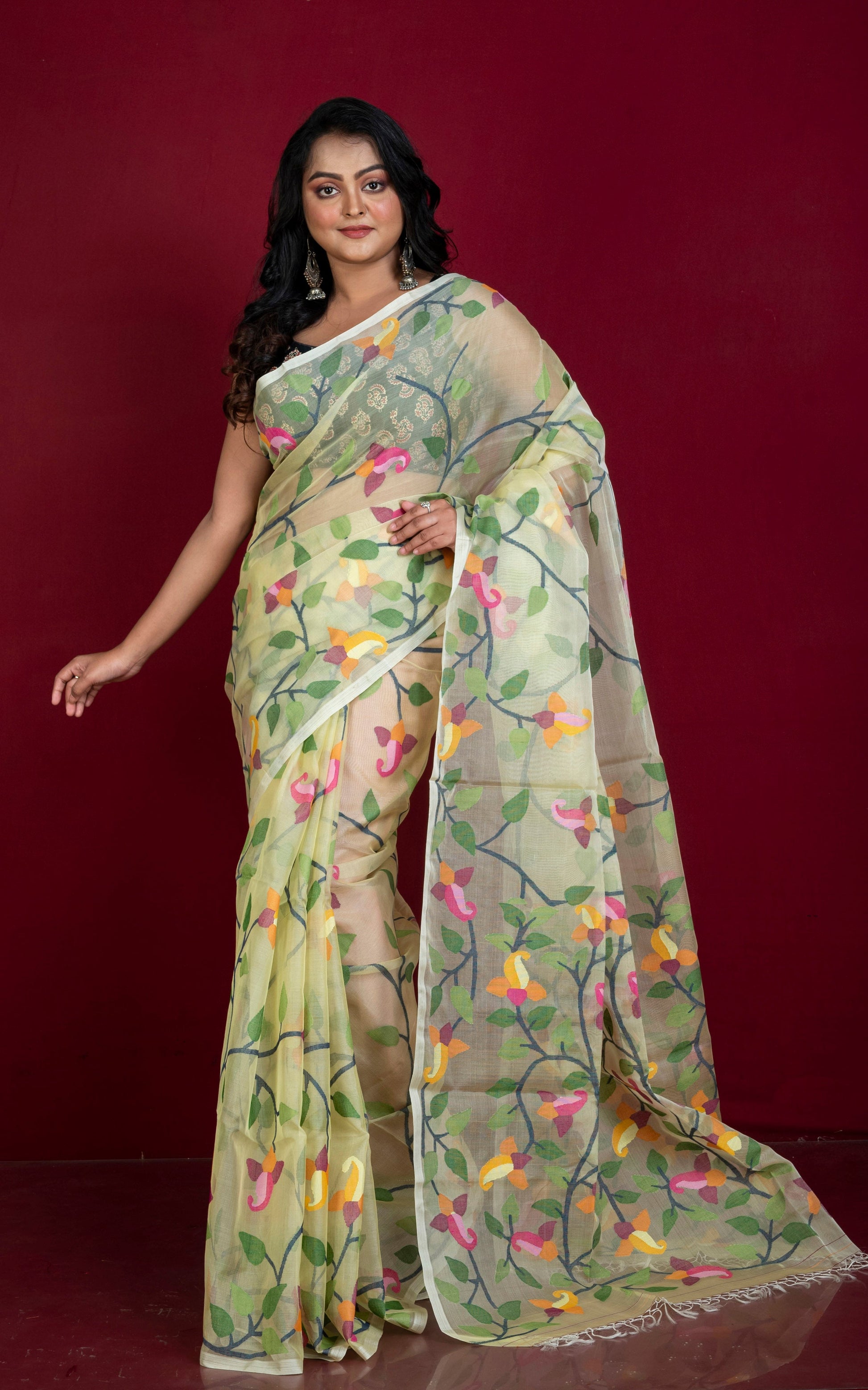 Premium Quality Jangla Jaal Work Muslin Silk Dhakai Jamdani Saree in Pastel Yellow and Multicolored Thread Work