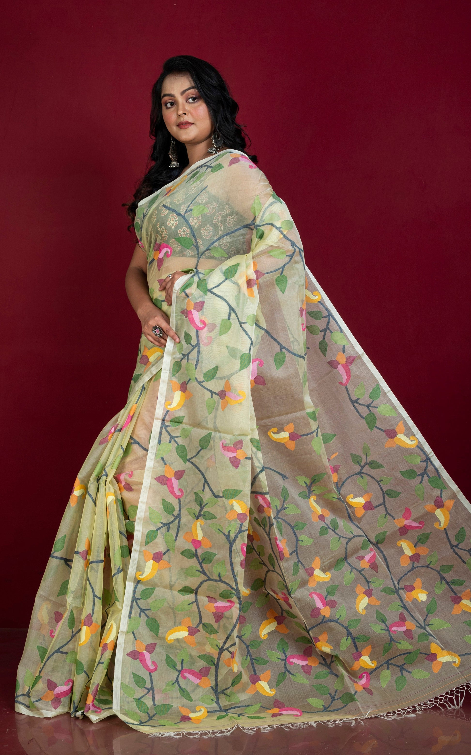 Premium Quality Jangla Jaal Work Muslin Silk Dhakai Jamdani Saree in Pastel Yellow and Multicolored Thread Work