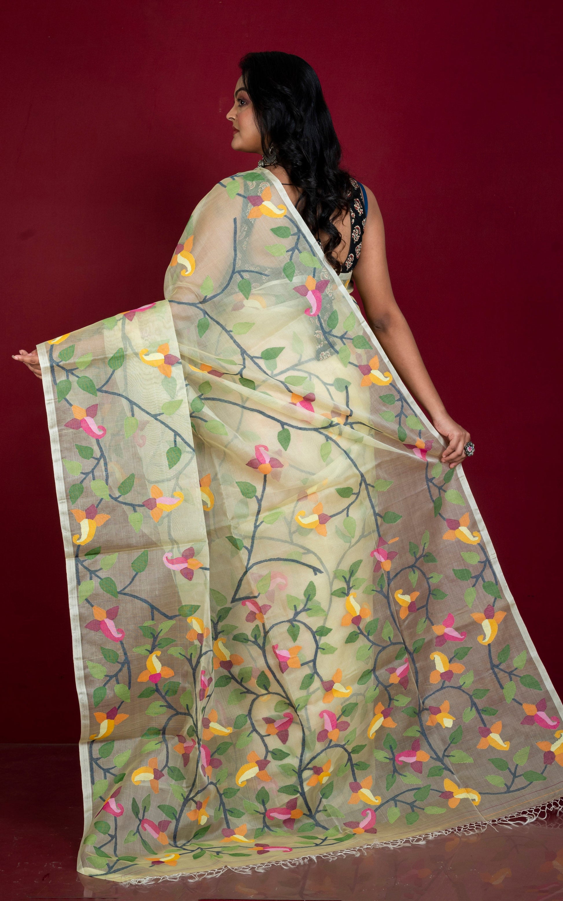 Premium Quality Jangla Jaal Work Muslin Silk Dhakai Jamdani Saree in Pastel Yellow and Multicolored Thread Work