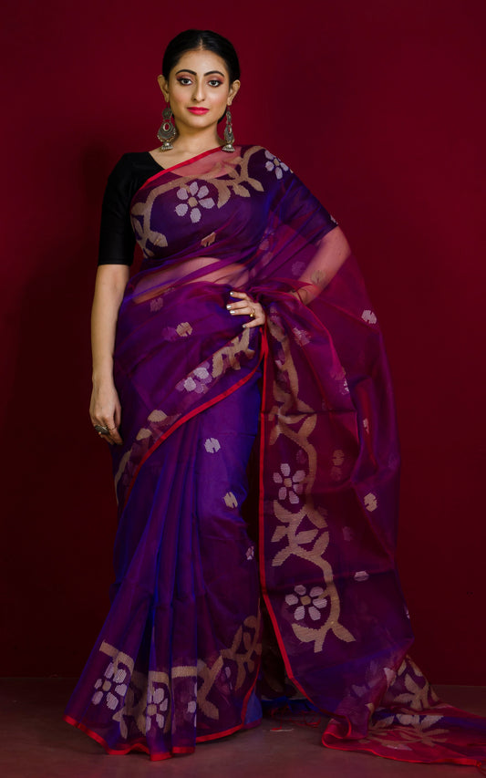 Silk Jamdani Saree in Dark Purple, Off White, Parmesan with Contrast Red Selvage