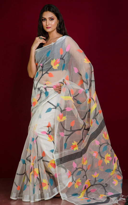 Soft Muslin Jamdani Saree in Off White and Multicolored Thread Work with Silver Zari Border