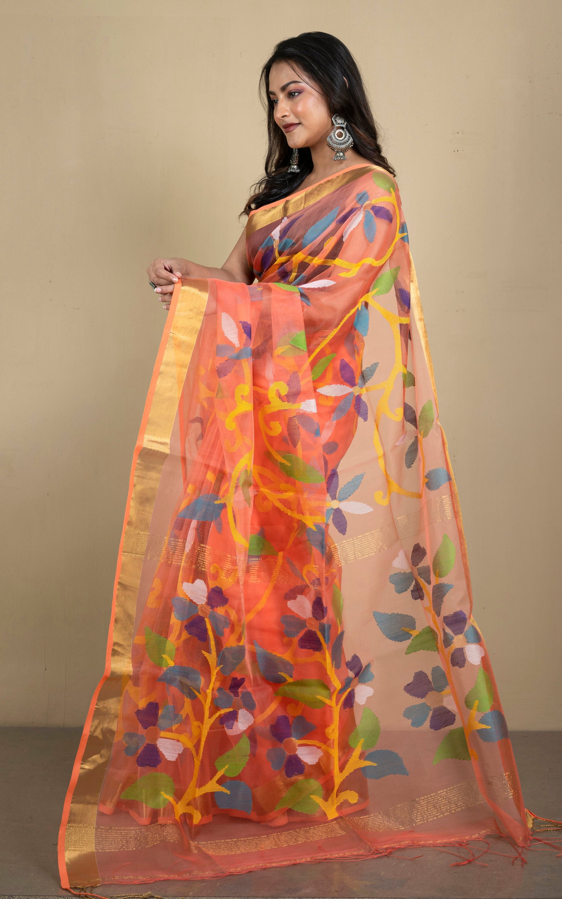 Muslin Silk Jamdani Saree in Peach, Yellow and Multicolored Thread Work