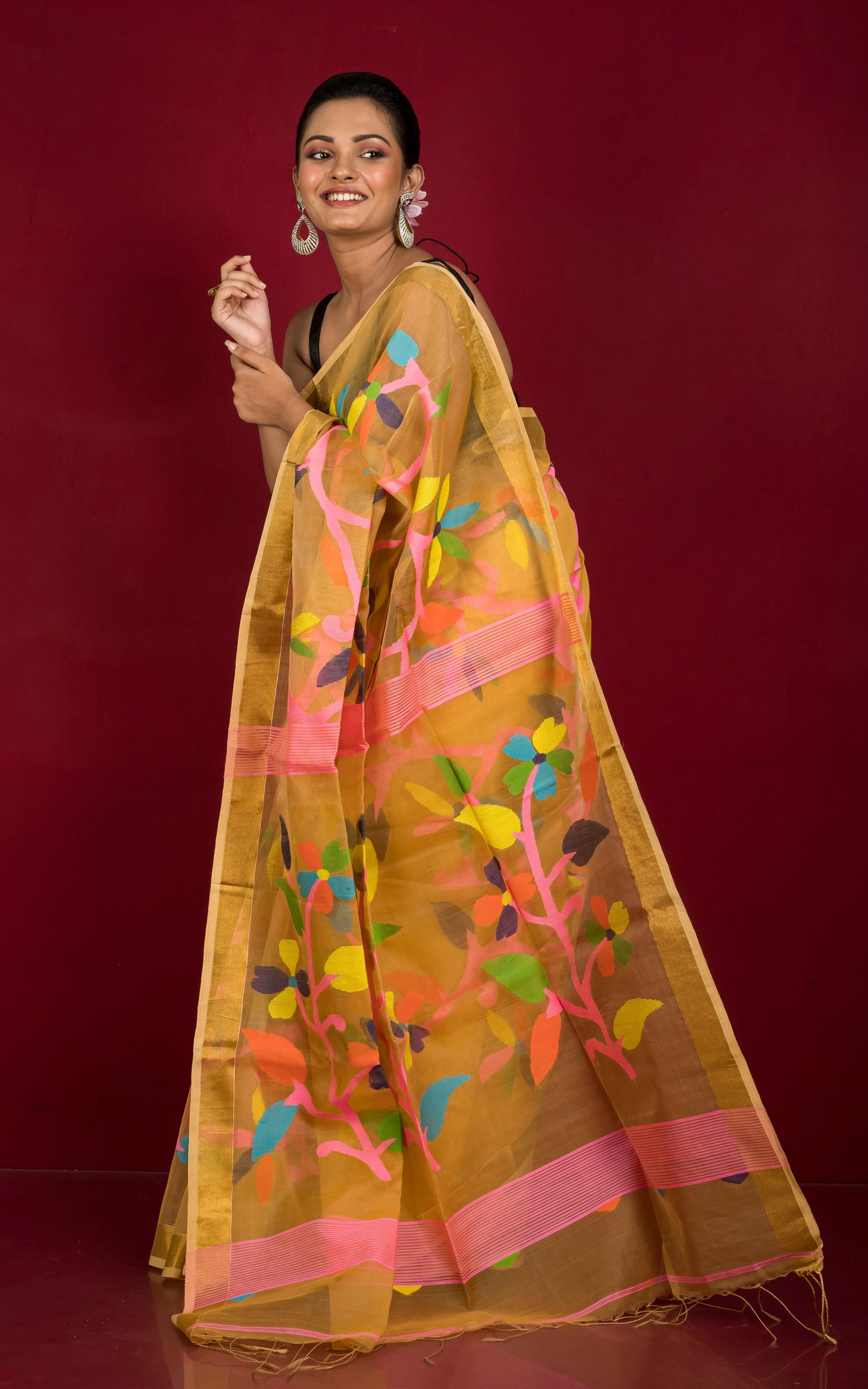 Muslin Silk Jamdani Saree in Warm Beige, Pink and Multicolored Thread Work