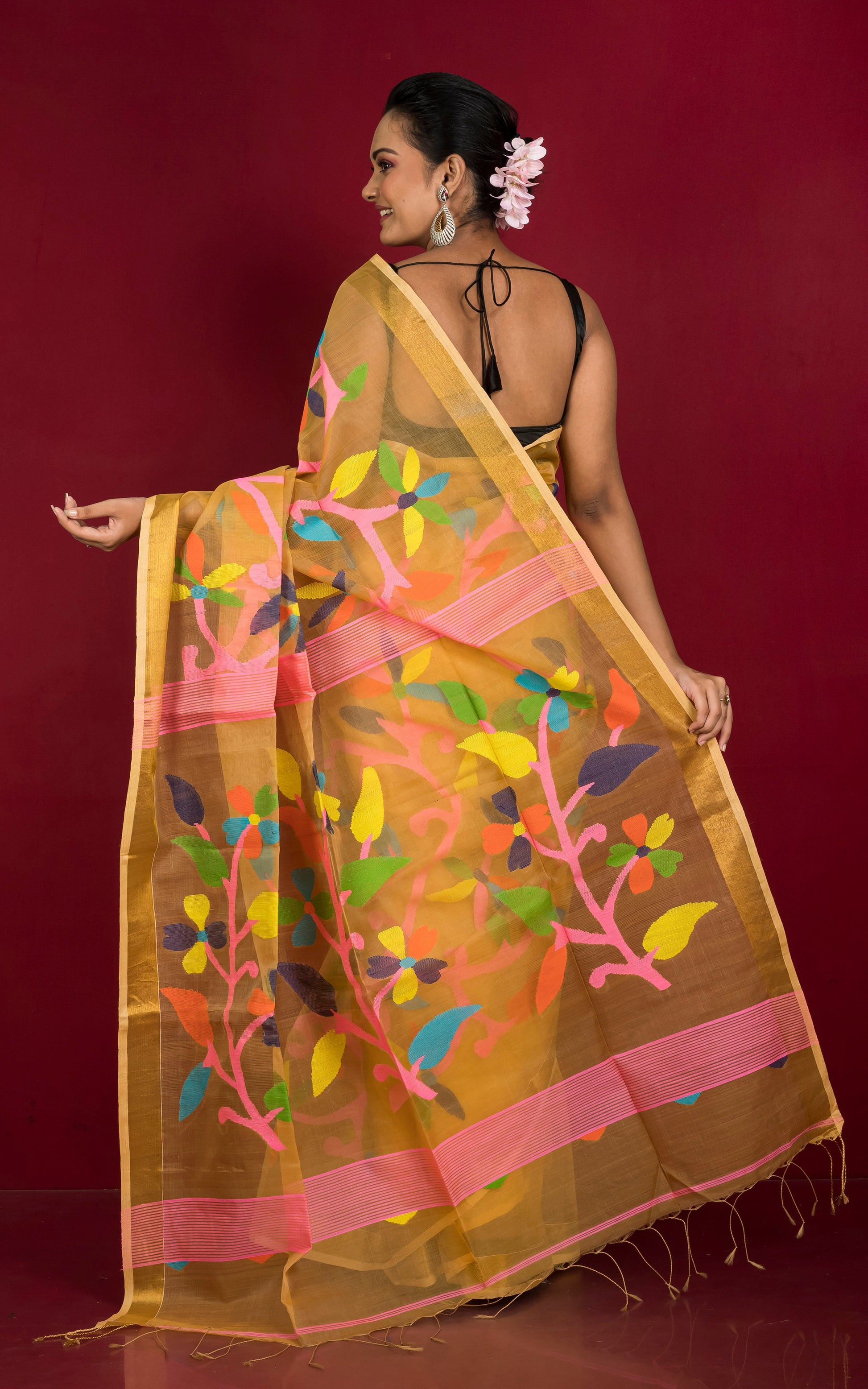 Muslin Silk Jamdani Saree in Warm Beige, Pink and Multicolored Thread Work