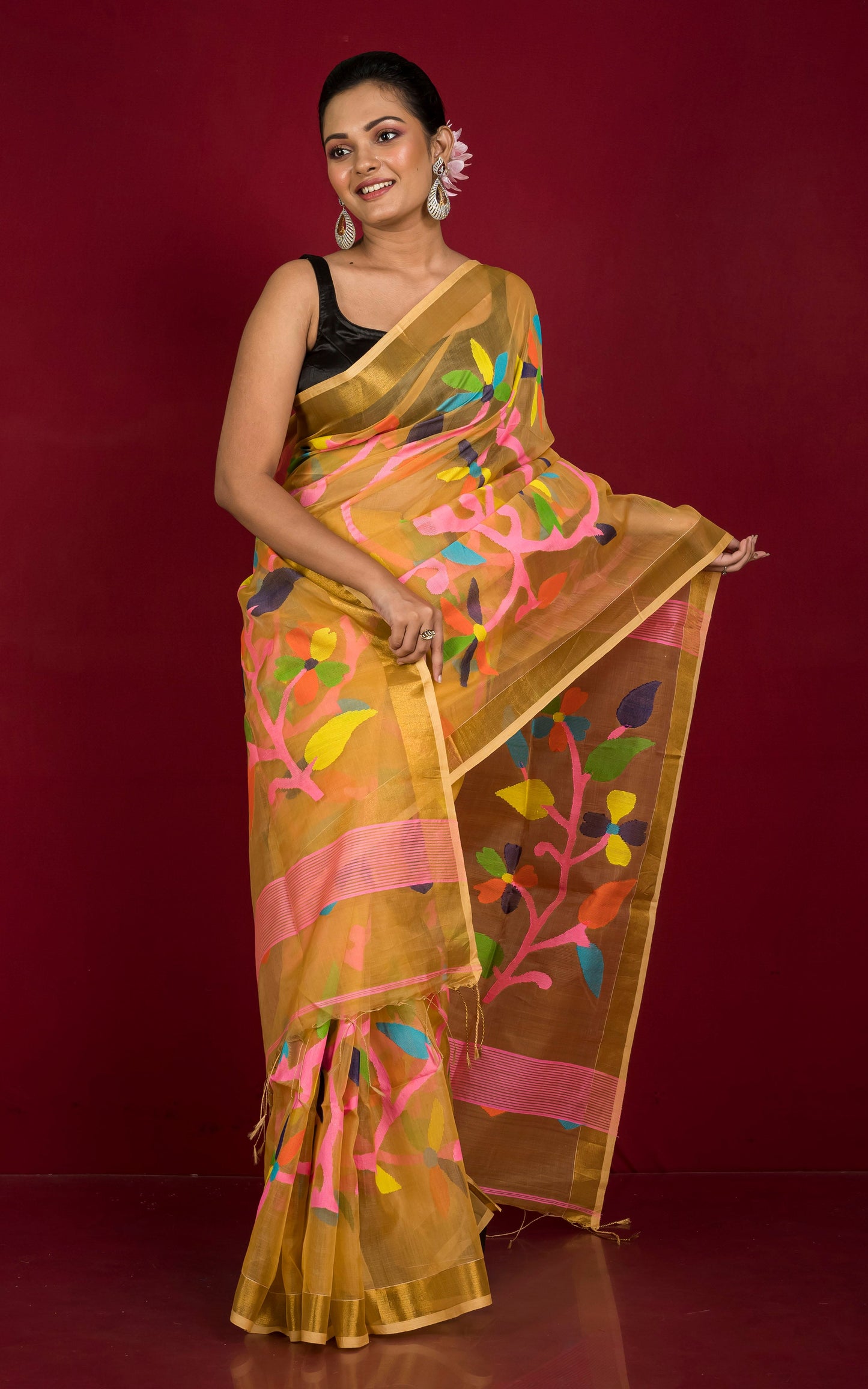 Muslin Silk Jamdani Saree in Warm Beige, Pink and Multicolored Thread Work