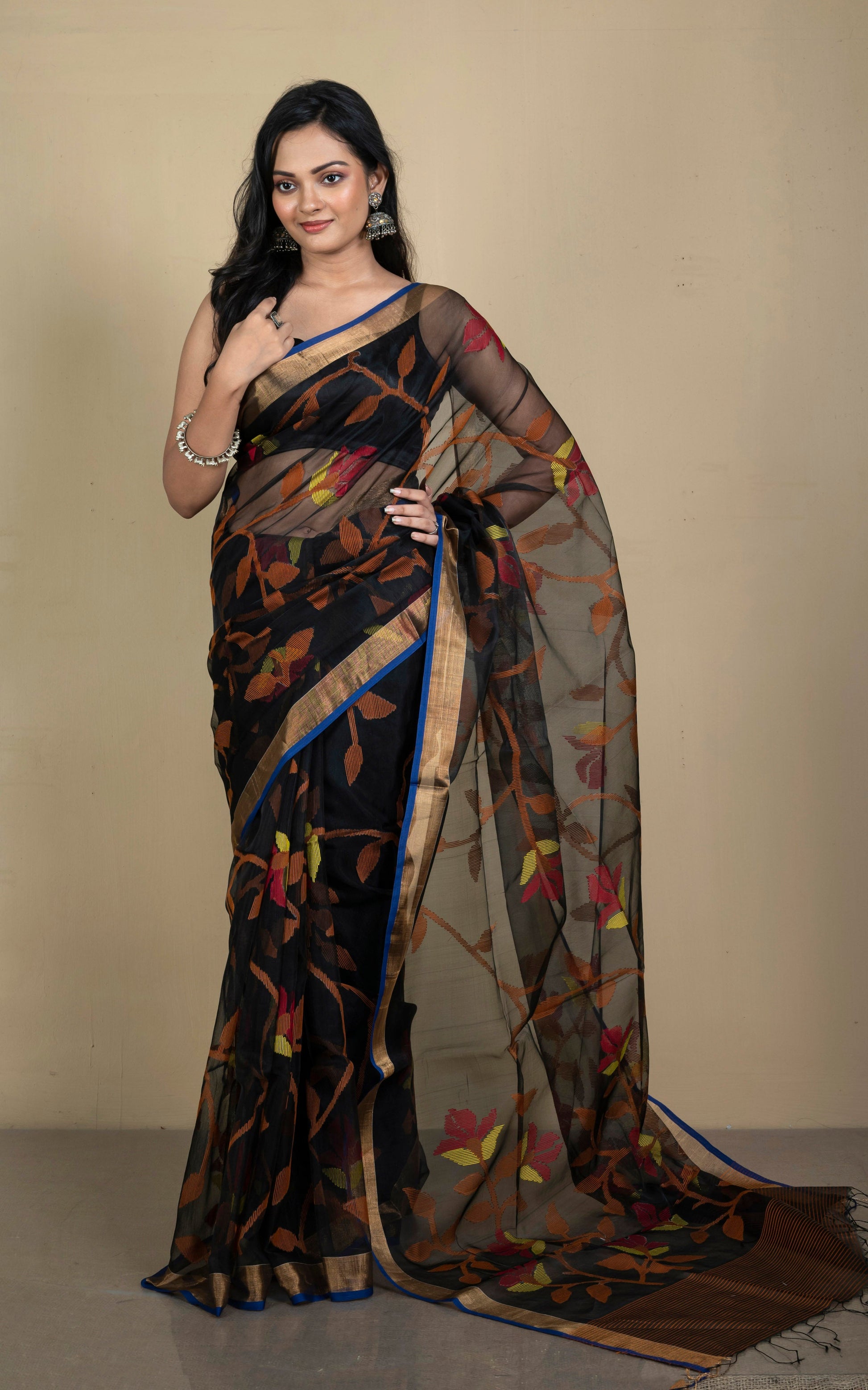 Premium Quality Muslin Silk Jamdani Saree in Black, Orange, Yellow, Brick Red and Gold Zari Work