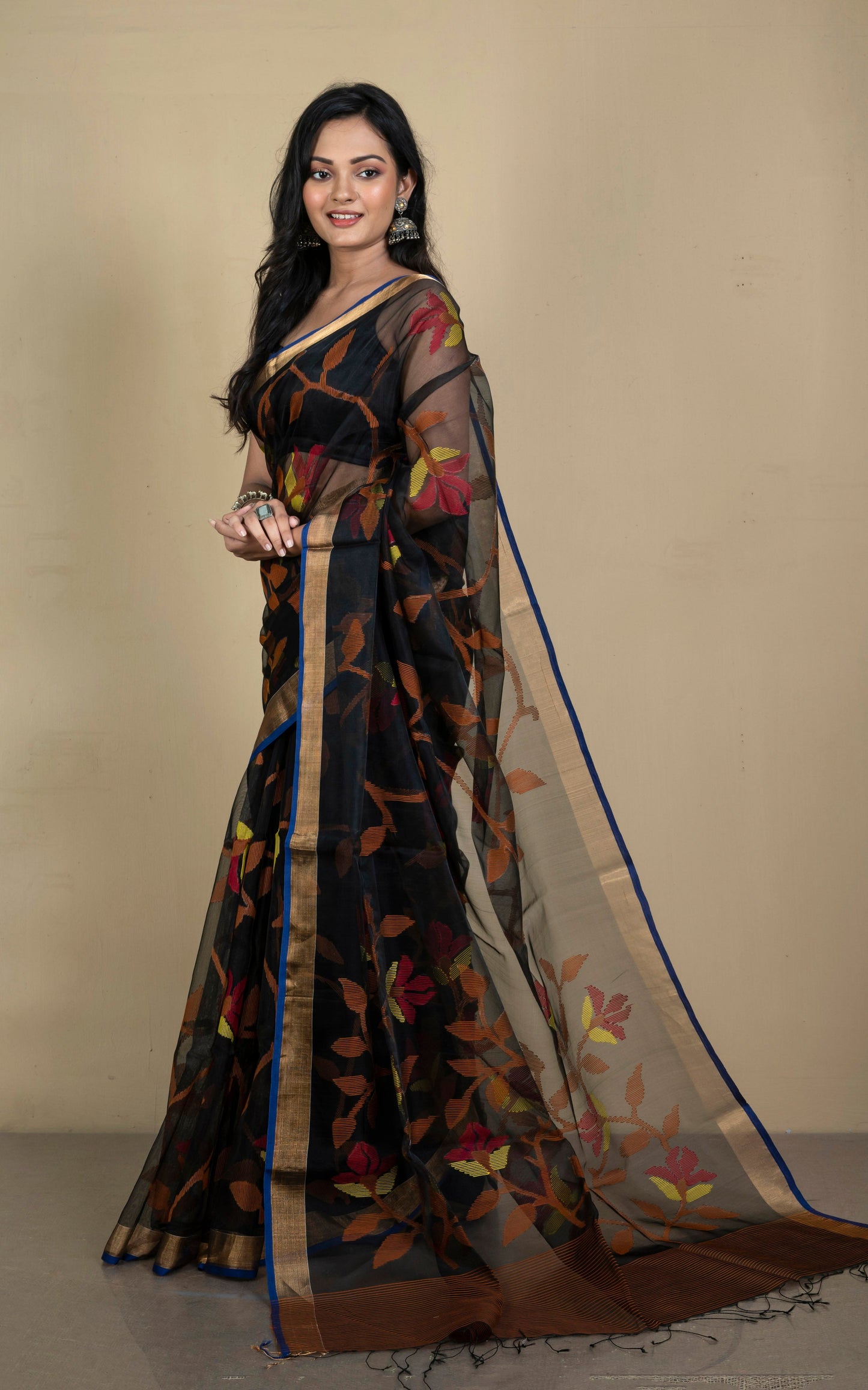 Premium Quality Muslin Silk Jamdani Saree in Black, Orange, Yellow, Brick Red and Gold Zari Work