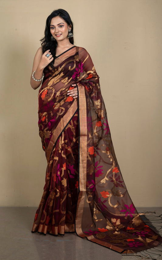 Premium Quality Muslin Silk Jamdani Saree in Garnet, Hot Pink, Orange and Gold Zari Work