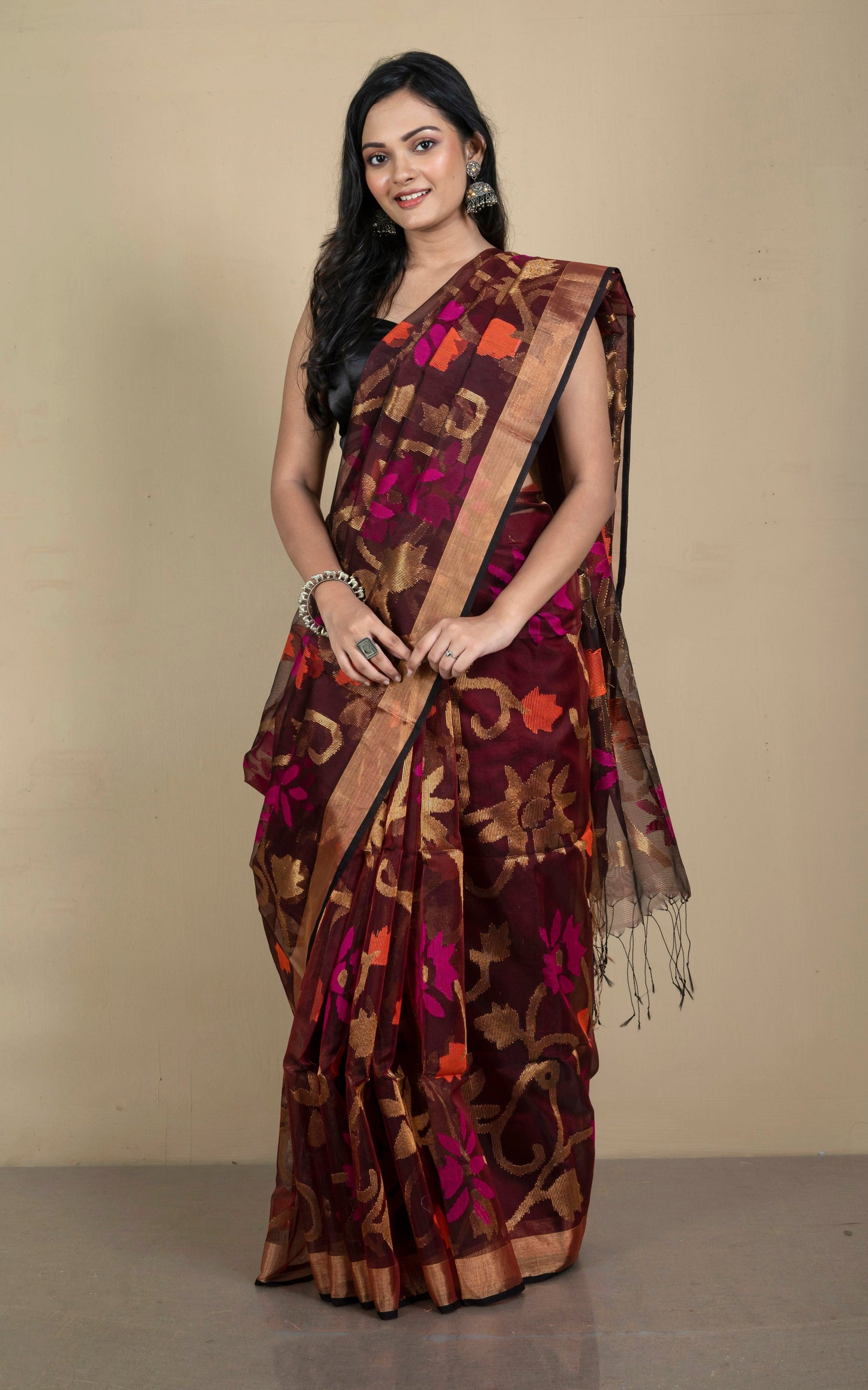 Premium Quality Muslin Silk Jamdani Saree in Garnet, Hot Pink, Orange and Gold Zari Work