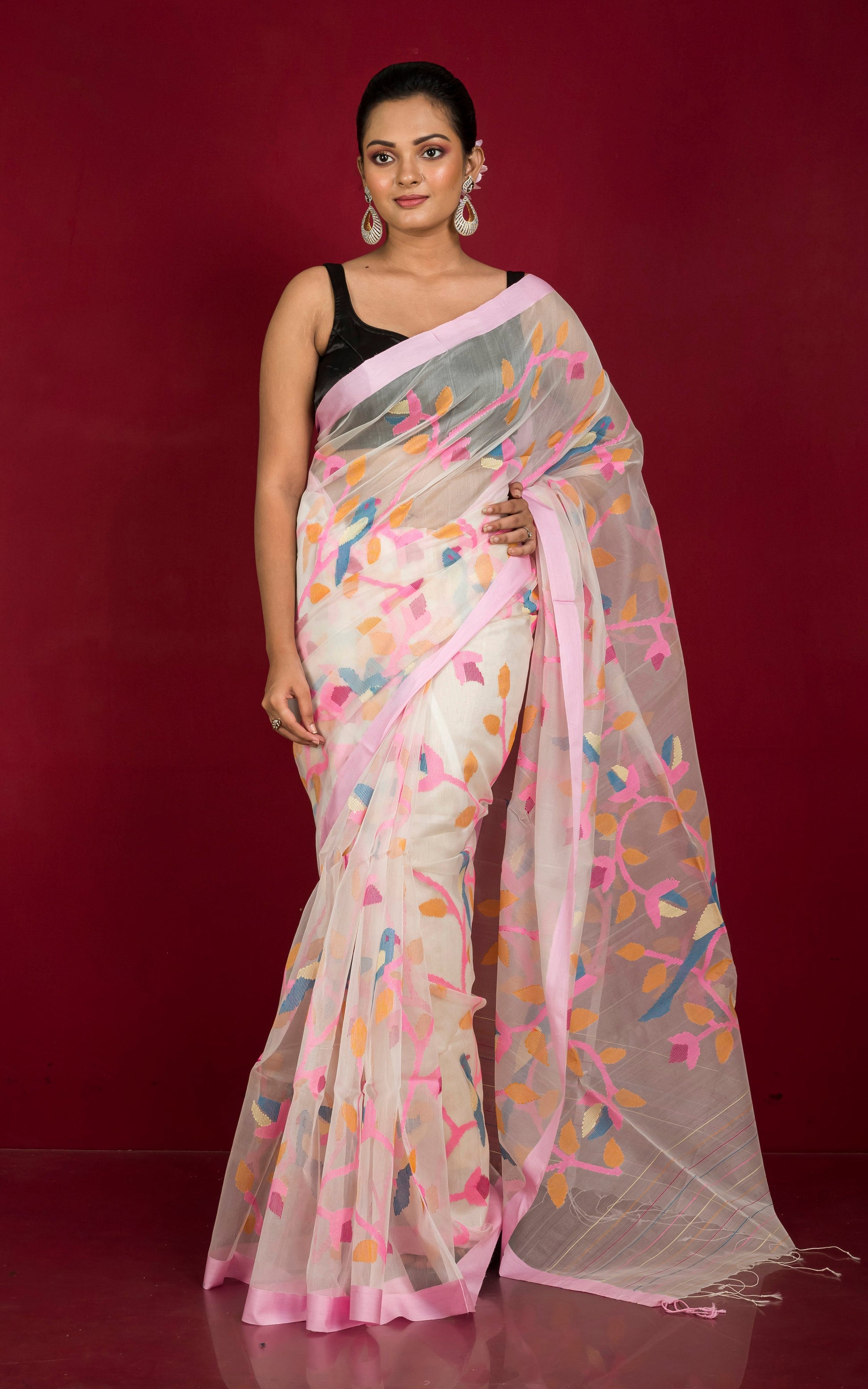 Premium Quality Muslin Silk Jamdani Saree in Chiffon White, Frosted Pink and Multicolored Thread Work