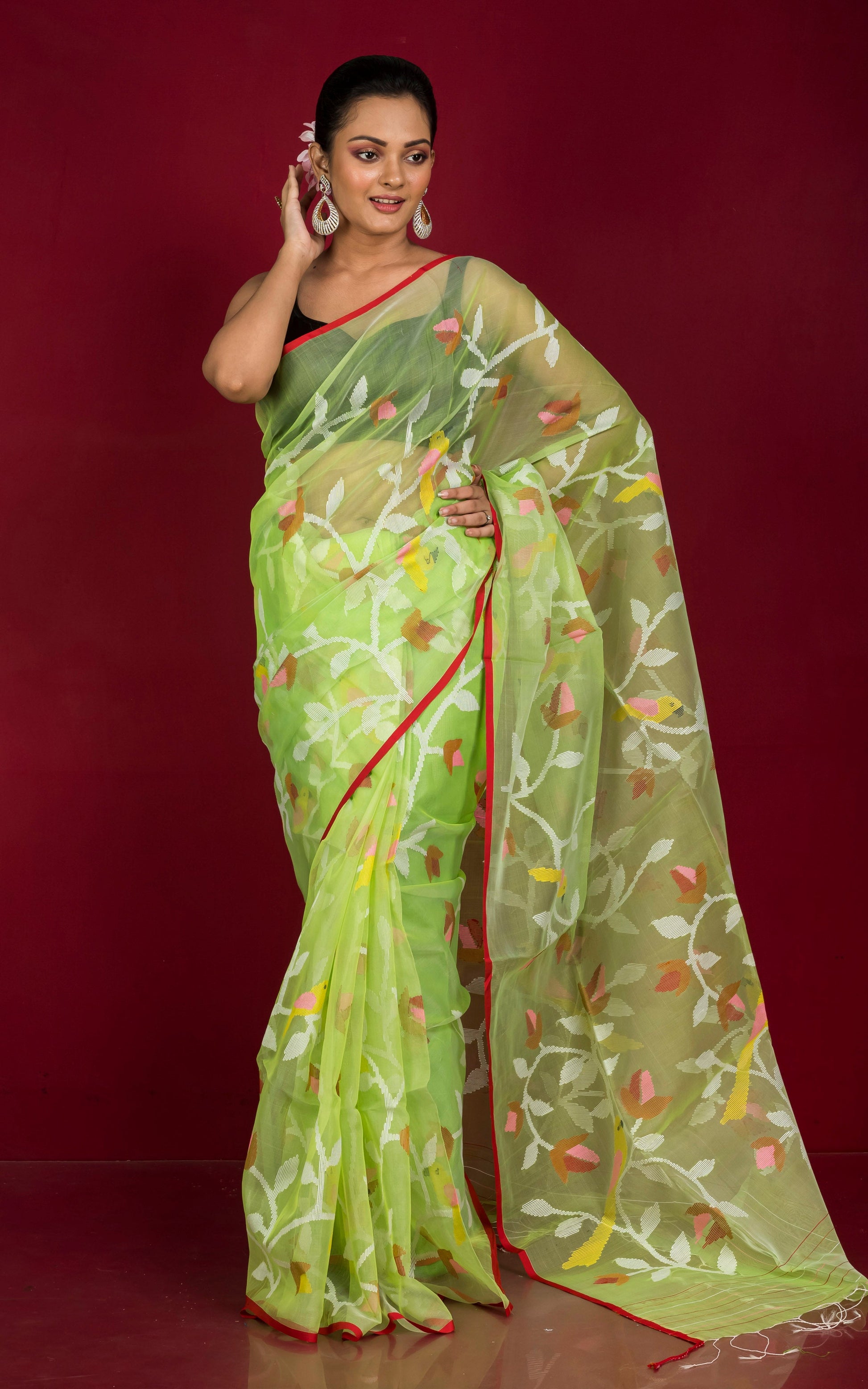 Premium Quality Muslin Silk Jamdani Saree in Lime Green, Red and Multicolored Thread Work