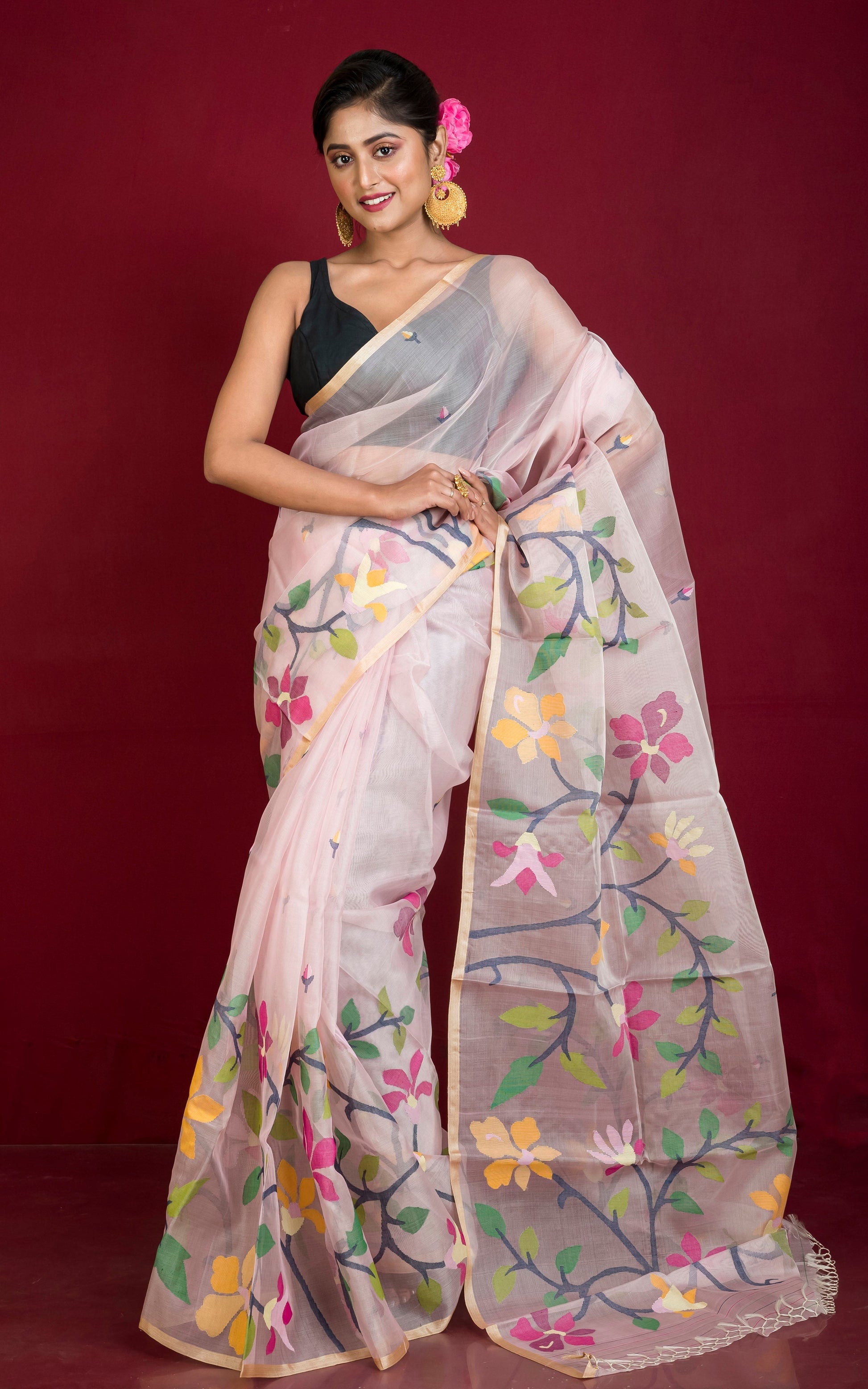 Premium Hand Woven Skirt Nakshi Work Muslin Silk Dhakai Jamdani Saree in Pastel Pink, Beige and Multicolored Minakari Thread Work