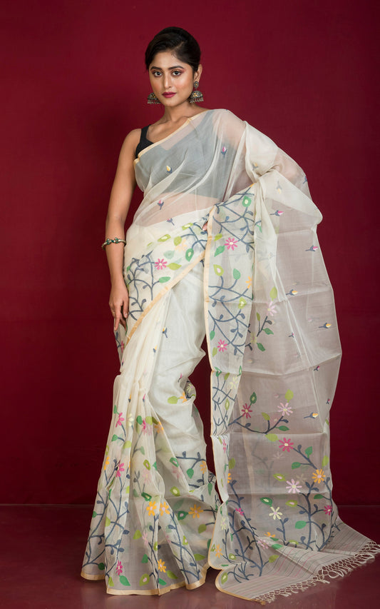 Premium Hand Woven Skirt Nakshi Work Muslin Silk Dhakai Jamdani Saree in Off White, Black and Multicolored Minakari Thread Work