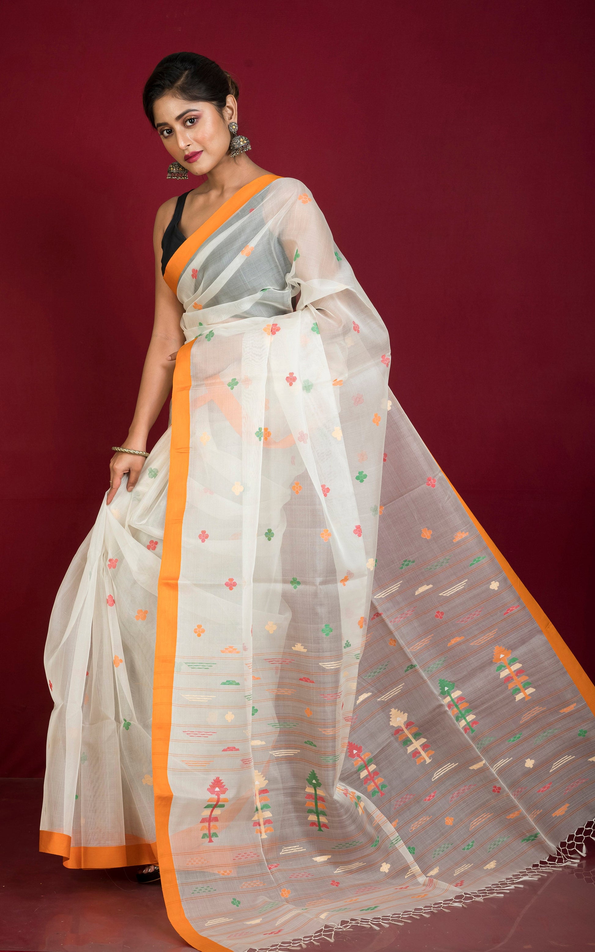 Poth Contrast Border Muslin Silk Jamdani Saree in Spring White, Saffron Orange and Multicolored