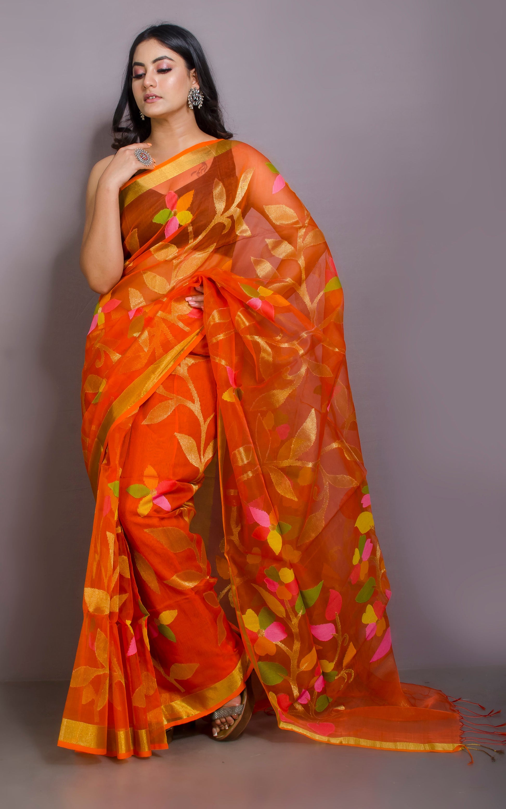 Muslin Silk Jamdani Saree in Orange, Gold Zari and Multicolored Thread Work