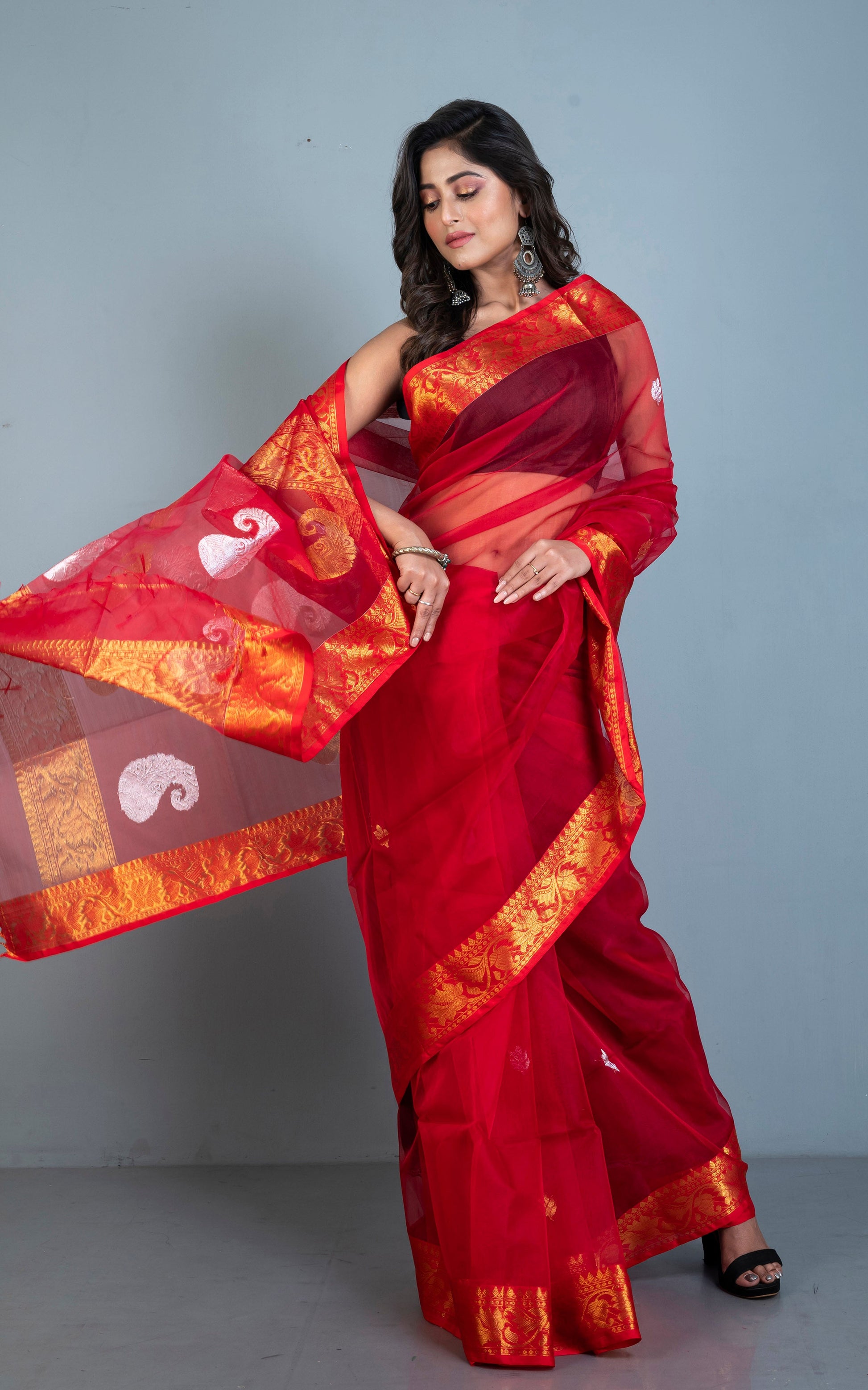 Soft Muslin Silk Banarasi Saree in Red, Golden and Silver Zari Work