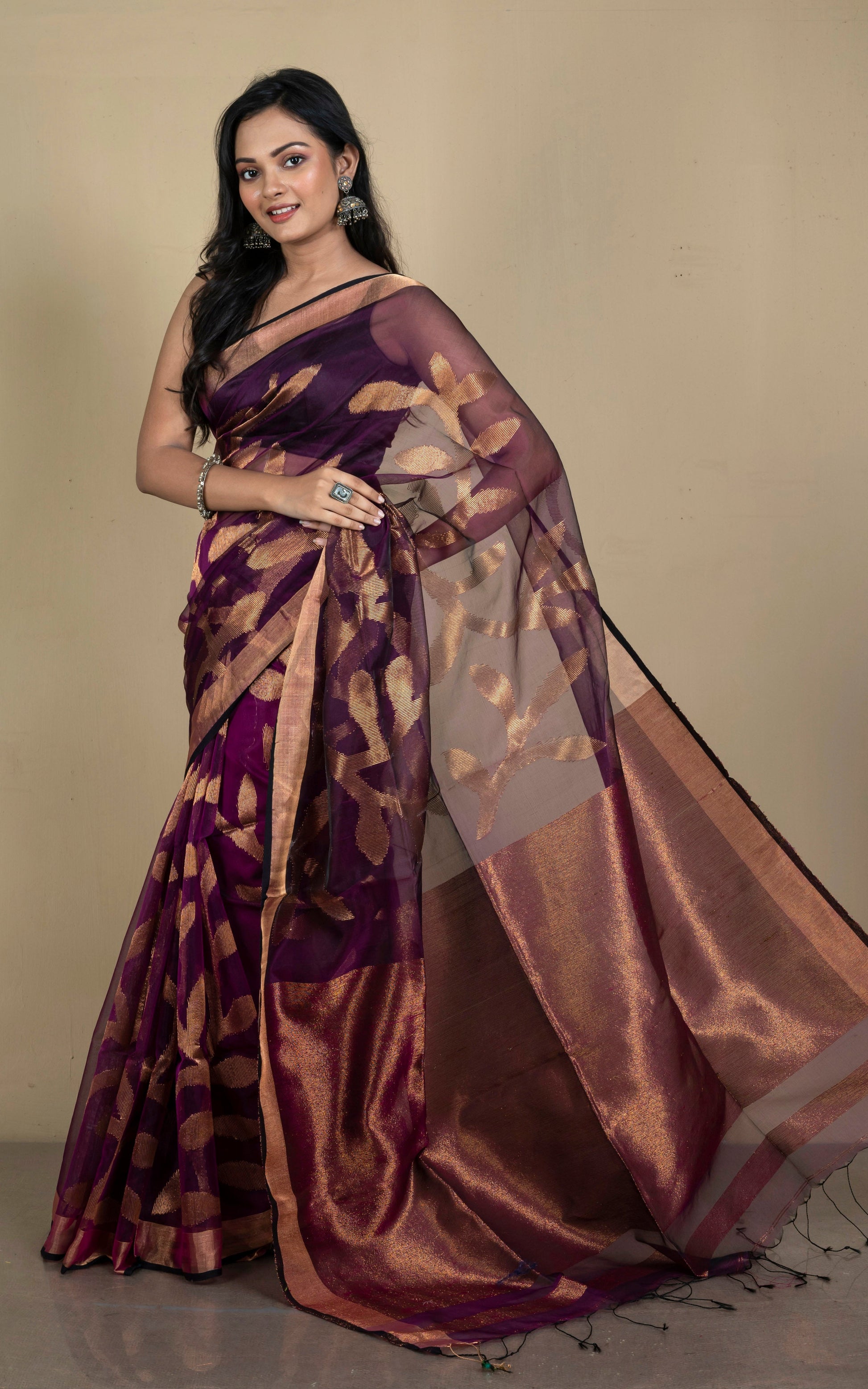 Jangla Jaal Work Muslin Silk Jamdani Saree in Royal Magenta, Black and Antique Gold