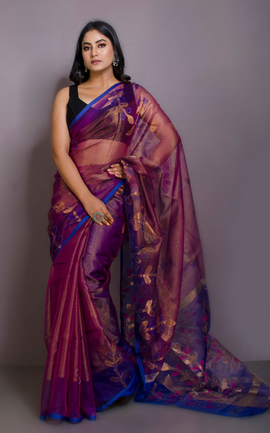 Designer Dual Tone Tissue Muslin Silk Saree in Purple and Blue