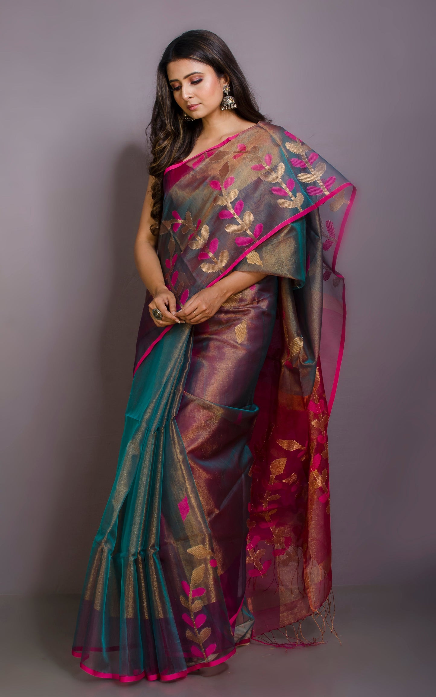 Designer Dual Tone Tissue Muslin Silk Saree in Dark Cyan and Hot Pink