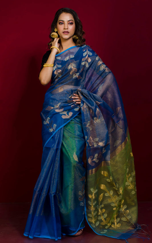 Designer Tissue Muslin Silk Saree in Azure Blue and Green