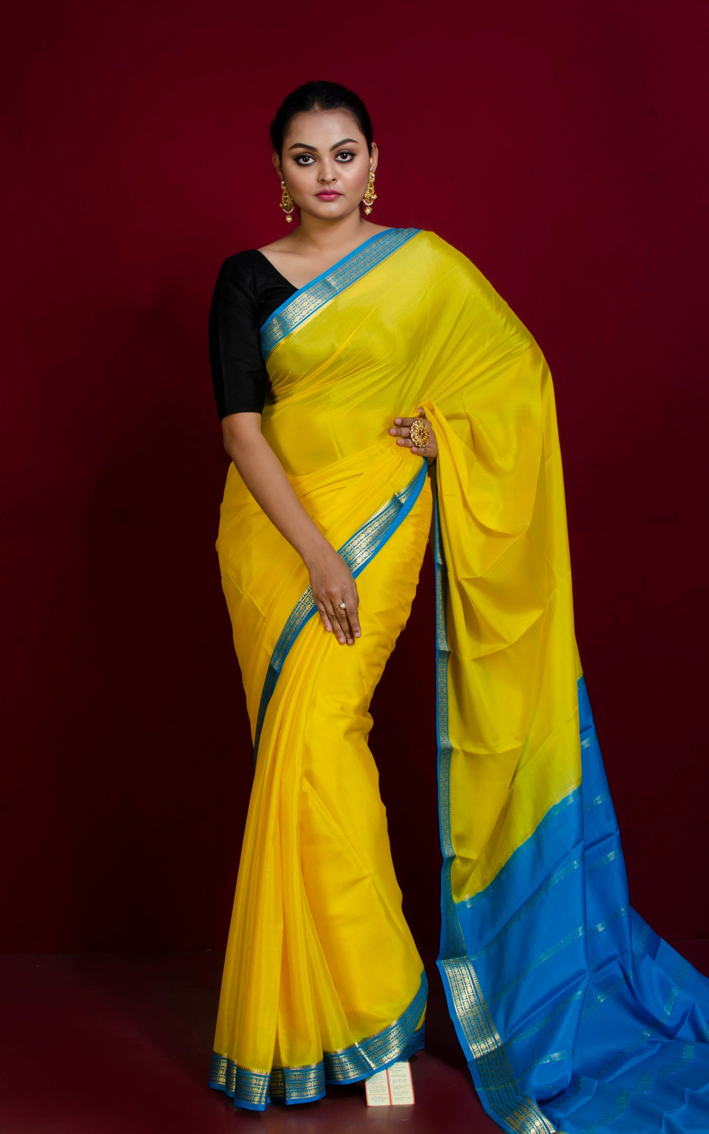 Mysore Crepe Pure Silk Saree in Cadmium Yellow, Azure Blue and Brush Gold