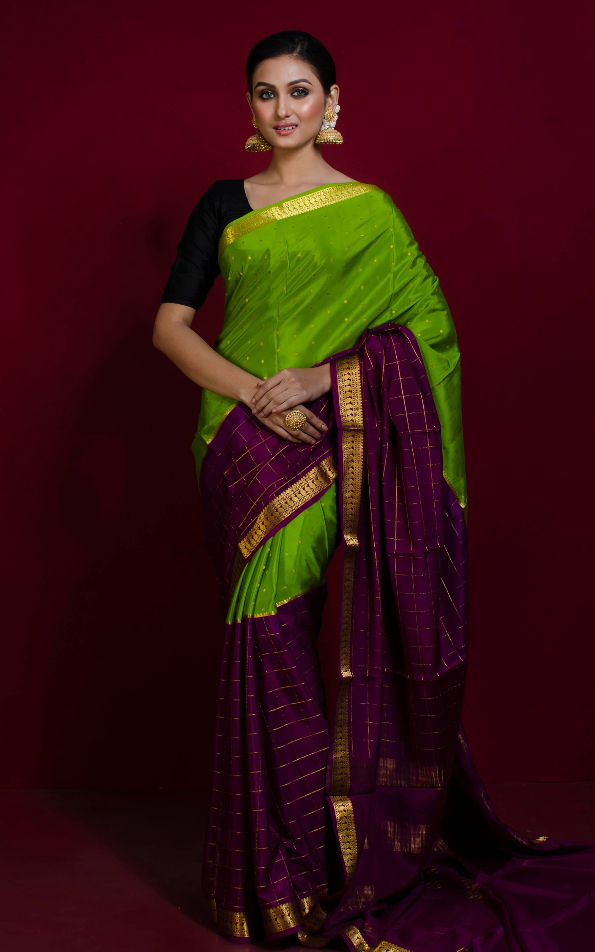 Designer Mysore Crepe Pure Silk Saree in Sheen Green, Purple and Gold