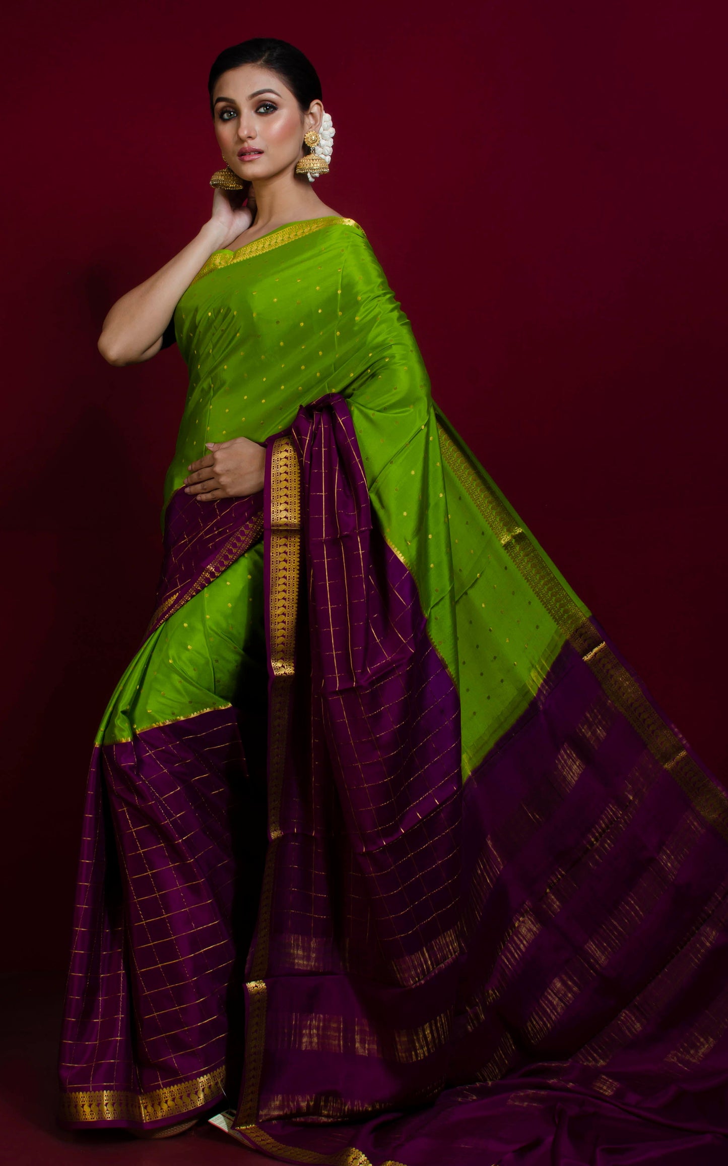 Designer Mysore Crepe Pure Silk Saree in Sheen Green, Purple and Gold