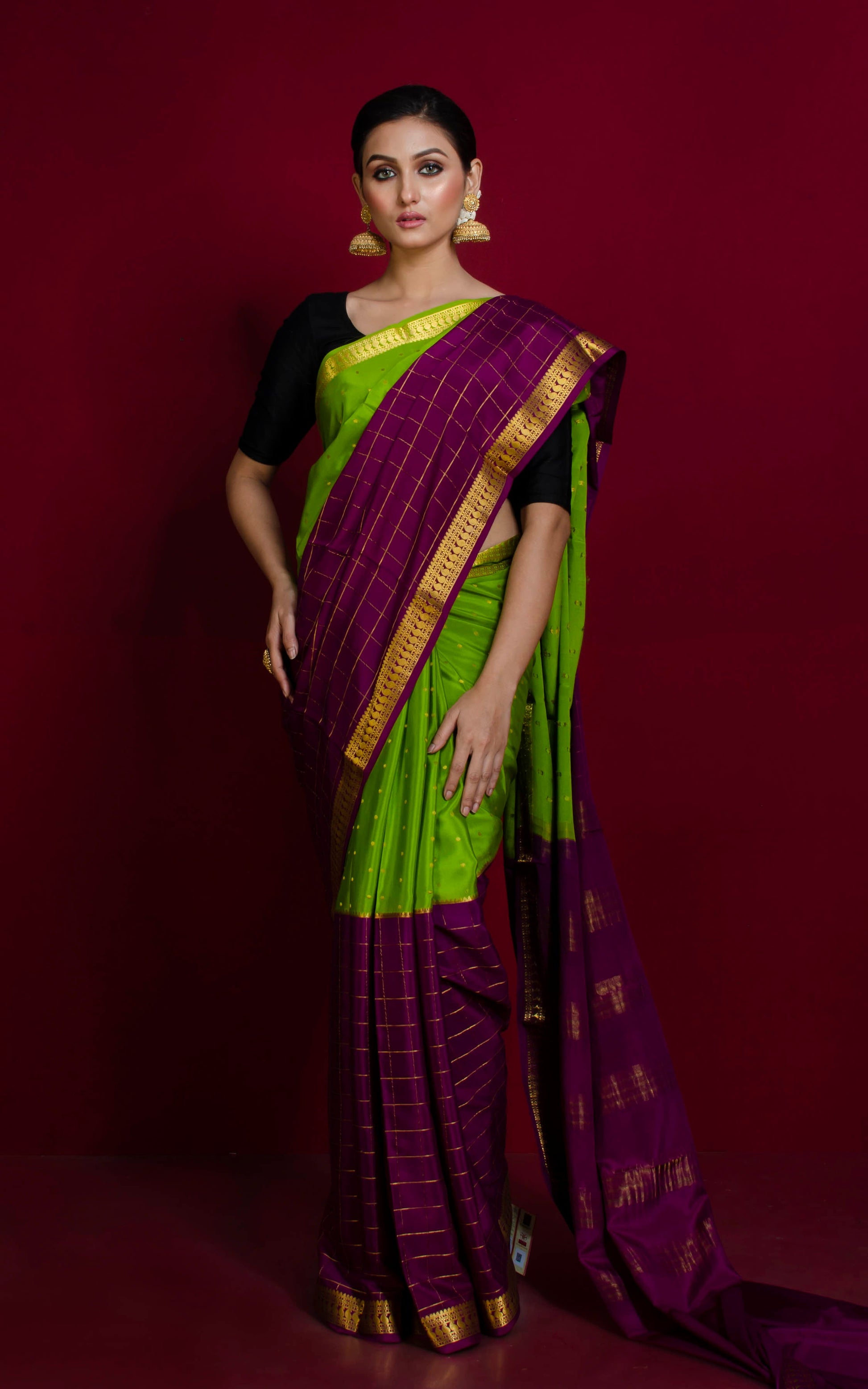 Designer Mysore Crepe Pure Silk Saree in Sheen Green, Purple and Gold