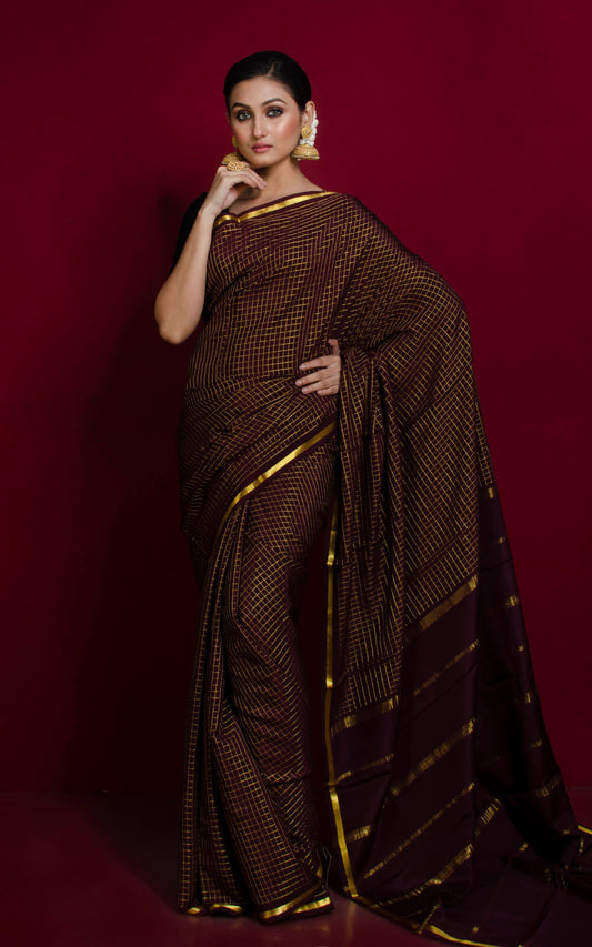 Designer Crepe Silk with Woven Sugar Cube Checks Saree in Hickory Brown and Brush Gold