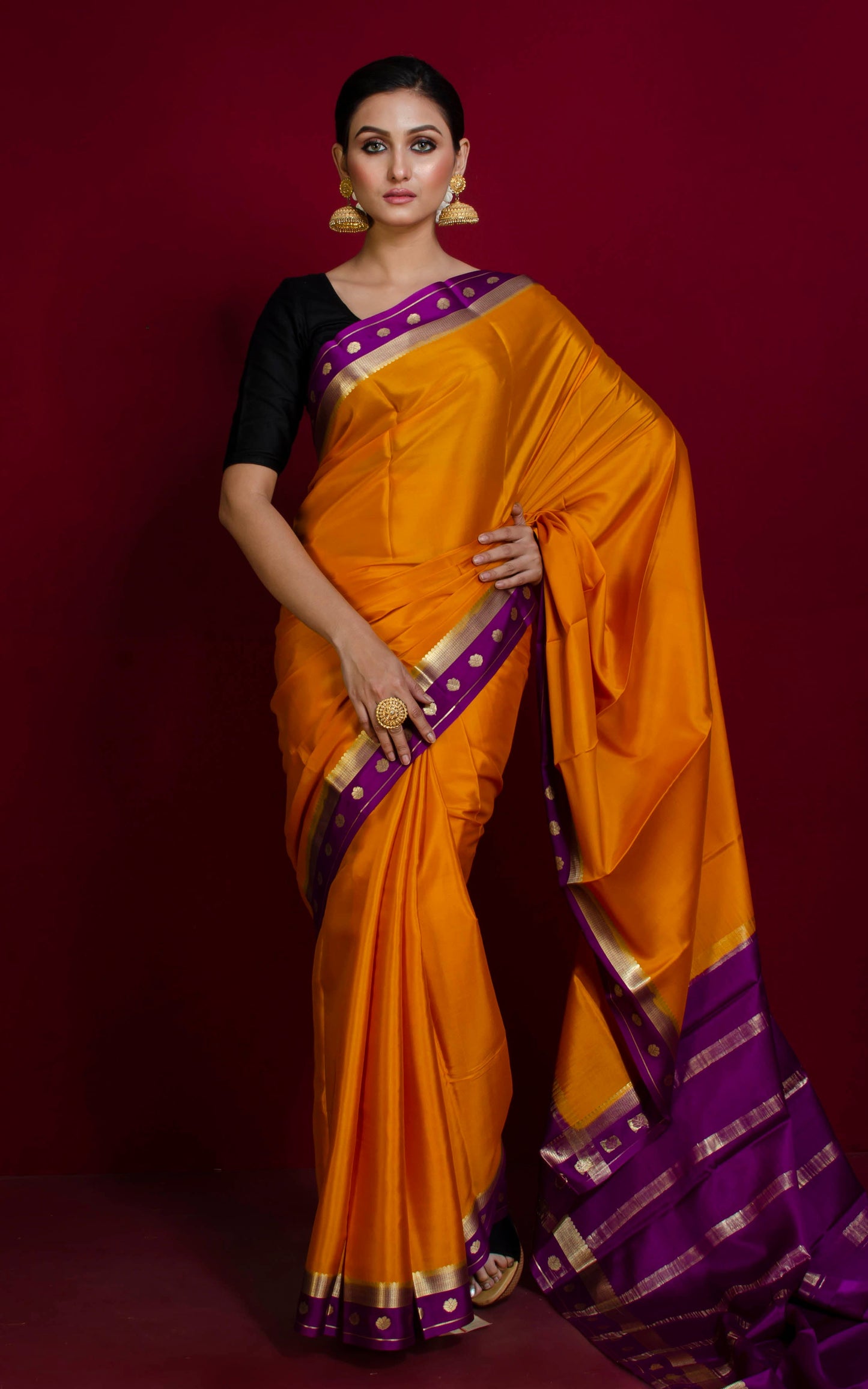 Mysore Crepe Pure Silk Saree in Deep Saffron, Imperial Purple and Brush Gold