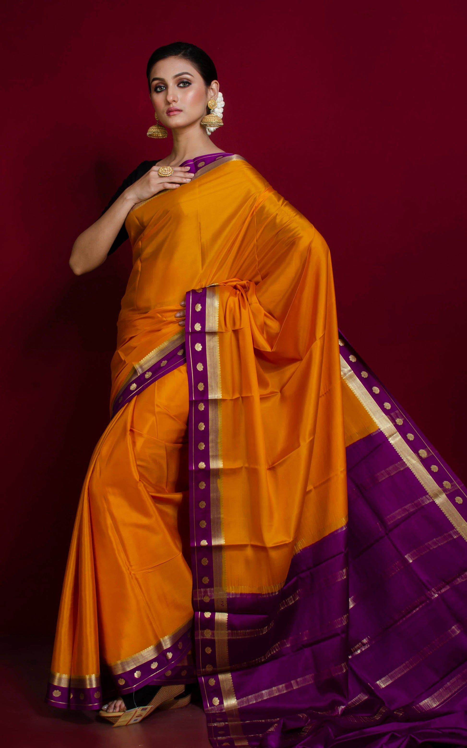 Mysore Crepe Pure Silk Saree in Deep Saffron, Imperial Purple and Brush Gold