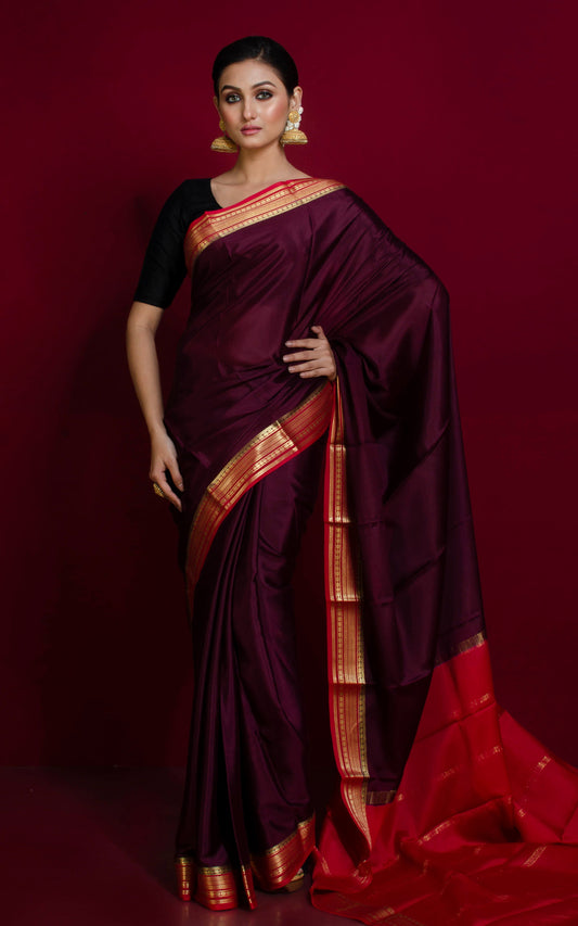 Mysore Crepe Pure Silk Saree in Cadmium Wine, Red and Brush Gold