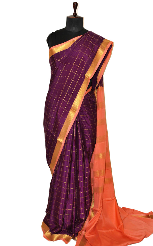 Soft Mysore Crepe Pure Silk Woven Checks Saree in Cotton Dark Purple, Peach and Gold