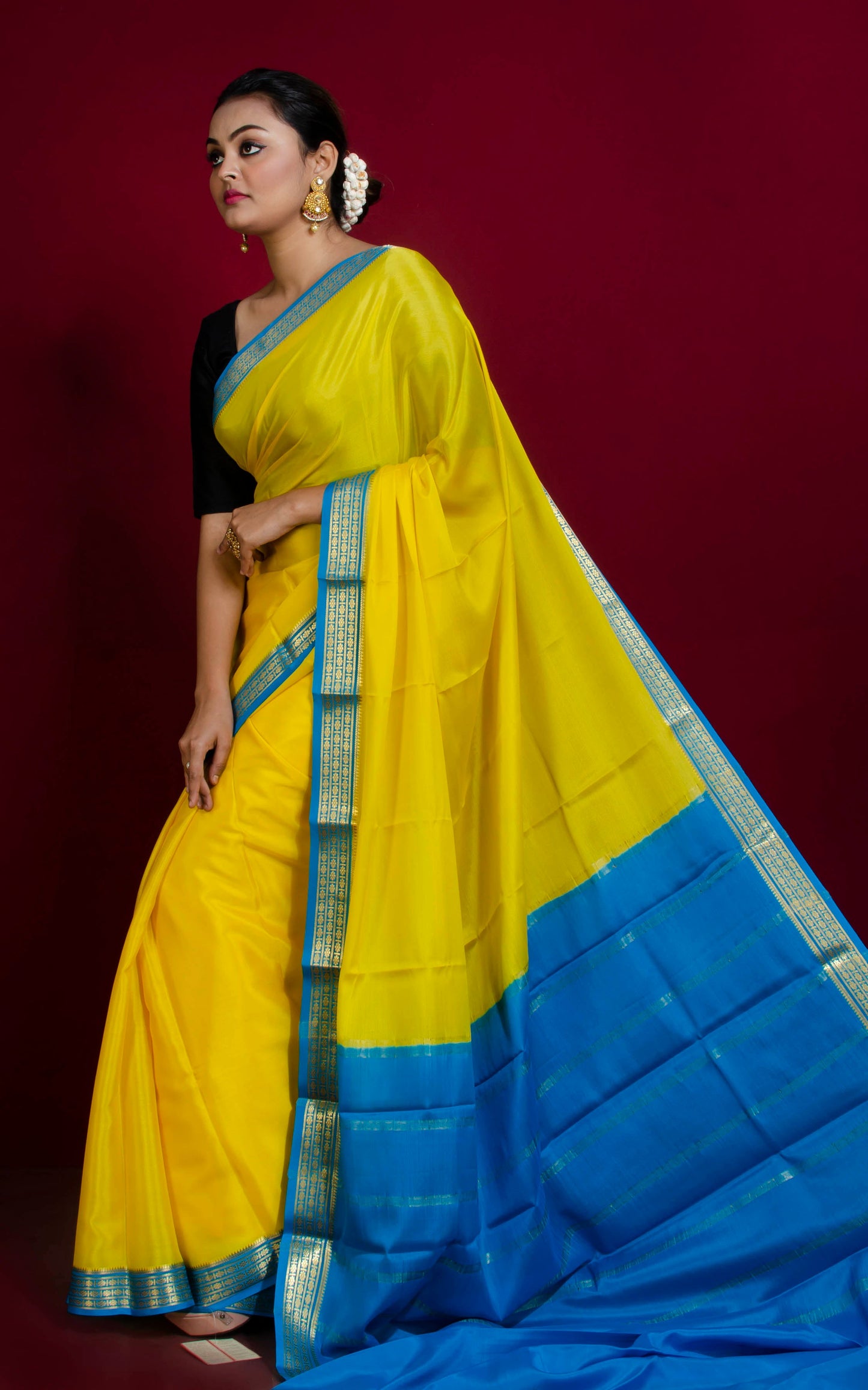 Mysore Crepe Pure Silk Saree in Cadmium Yellow, Azure Blue and Brush Gold