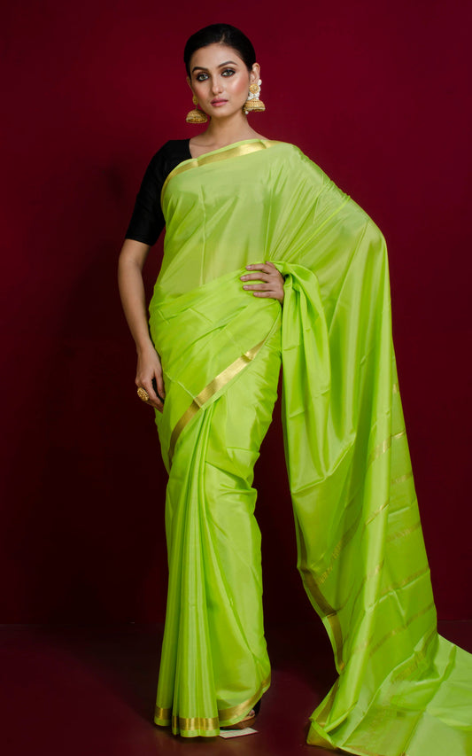 Mysore Crepe Pure Silk Saree in Bright Lime Green and Gold