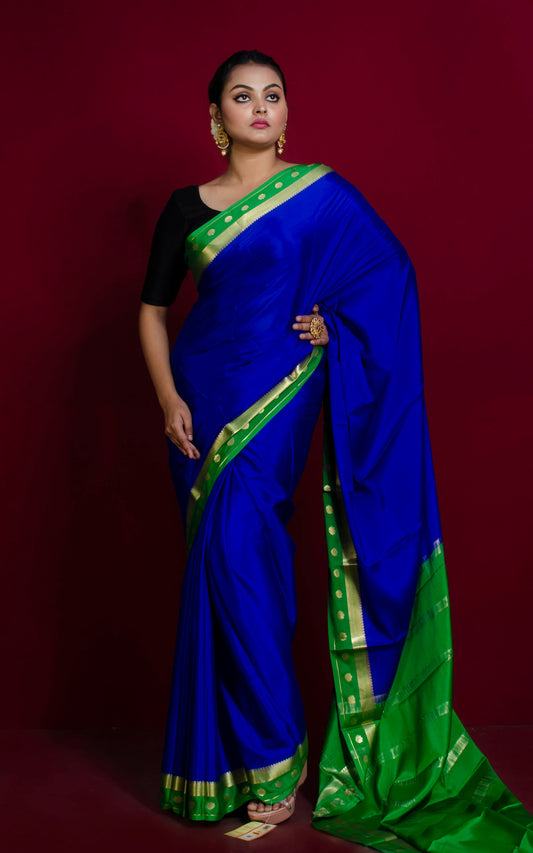 Mysore Crepe Pure Silk Saree in Deep Royal Blue, Shamrock Green and Brush Gold