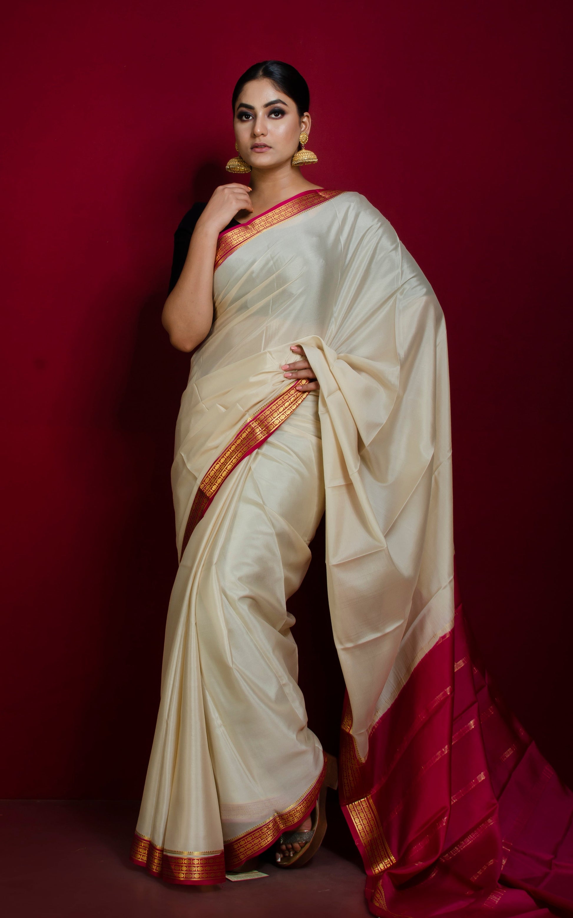 Mysore Crepe Pure Silk Saree in Alabaster White, Deep Cerise Pink and Brush Gold