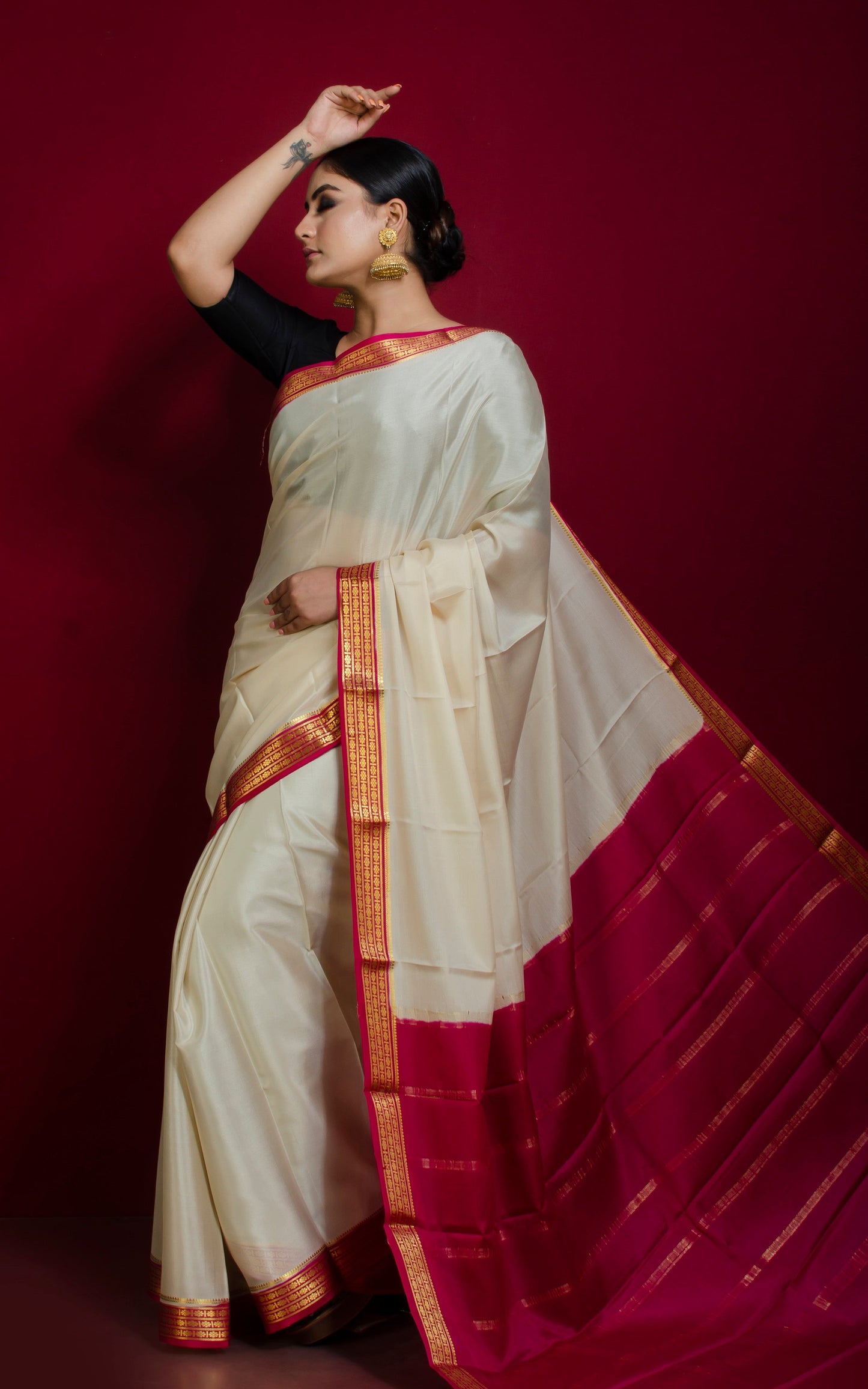 Mysore Crepe Pure Silk Saree in Alabaster White, Deep Cerise Pink and Brush Gold