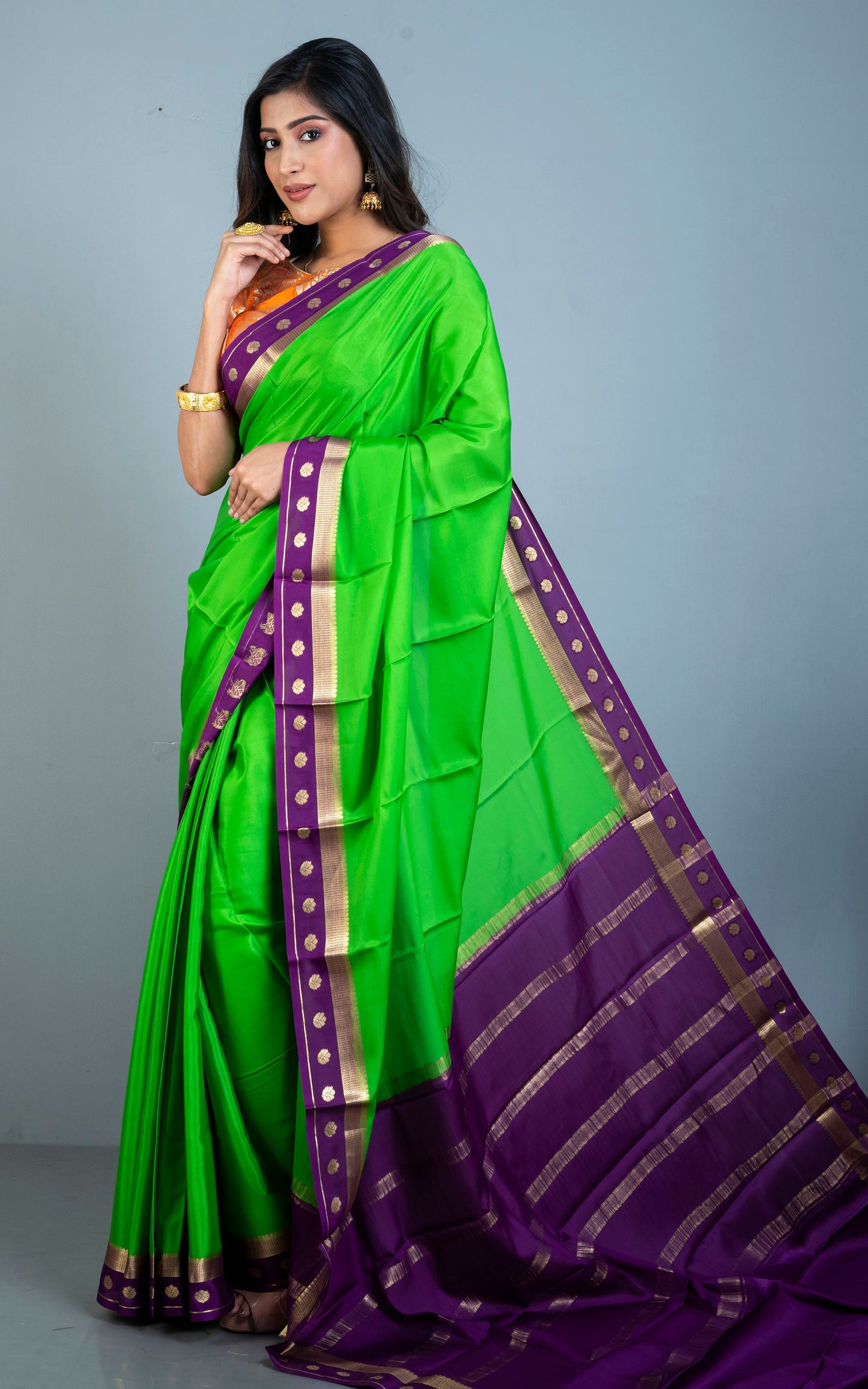 Mysore Crepe Pure Silk Saree in Lawn Green, Imperial Purple and Brush Gold