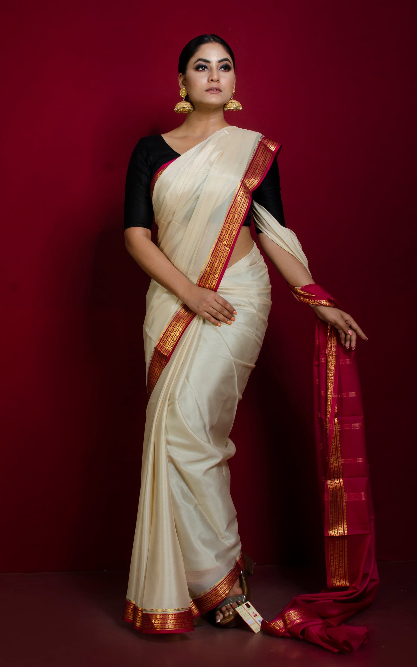 Mysore Crepe Pure Silk Saree in Alabaster White, Deep Cerise Pink and Brush Gold