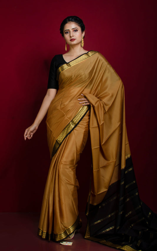 Mysore Crepe Pure Silk Saree in Tan Brown, Black and Brush Gold