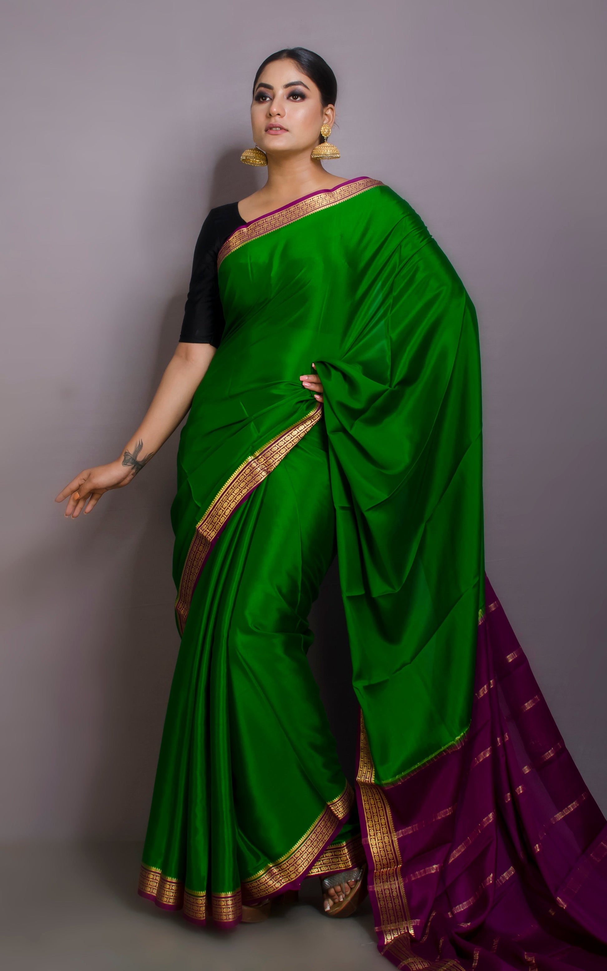 Mysore Crepe Pure Silk Saree in Green, Imperial Purple and Brush Gold