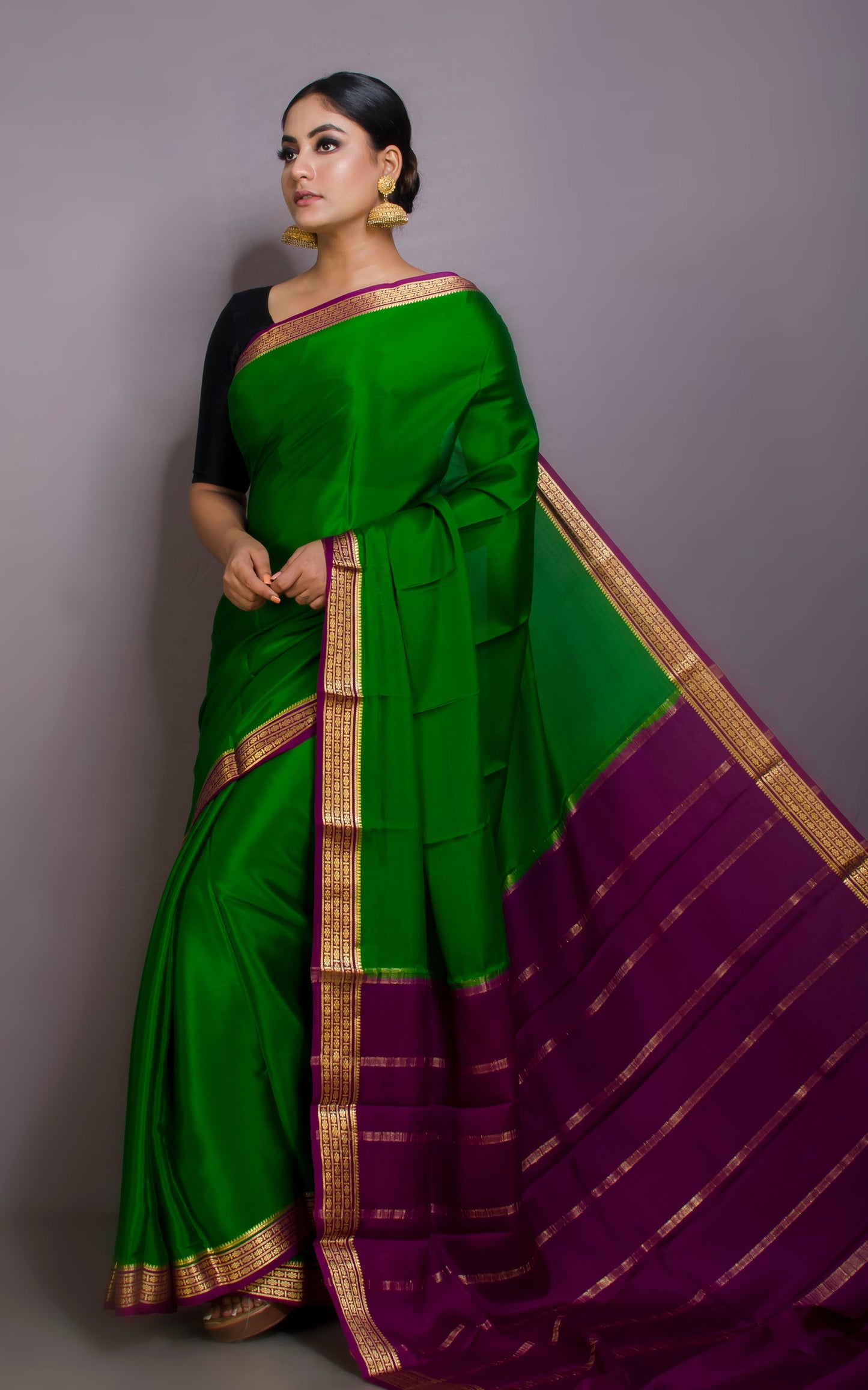 Mysore Crepe Pure Silk Saree in Green, Imperial Purple and Brush Gold