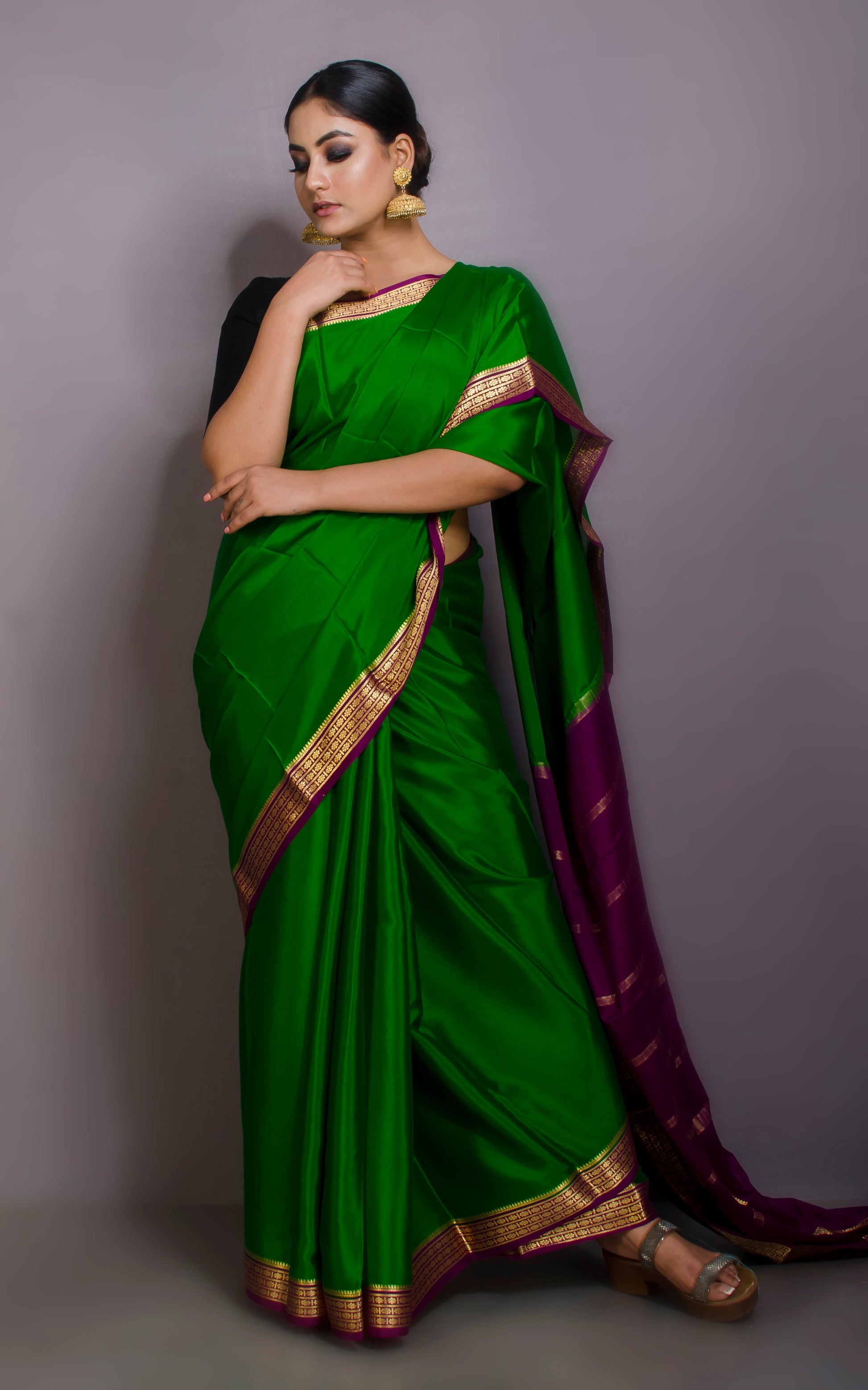 Mysore Crepe Pure Silk Saree in Green, Imperial Purple and Brush Gold