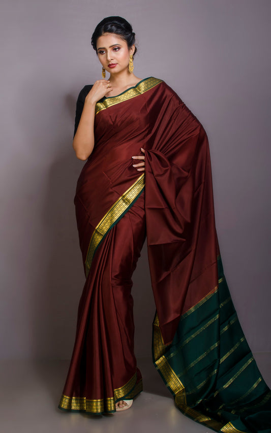 Mysore Crepe Pure Silk Saree in Chocolate Brown, Dark Green and Brush Gold