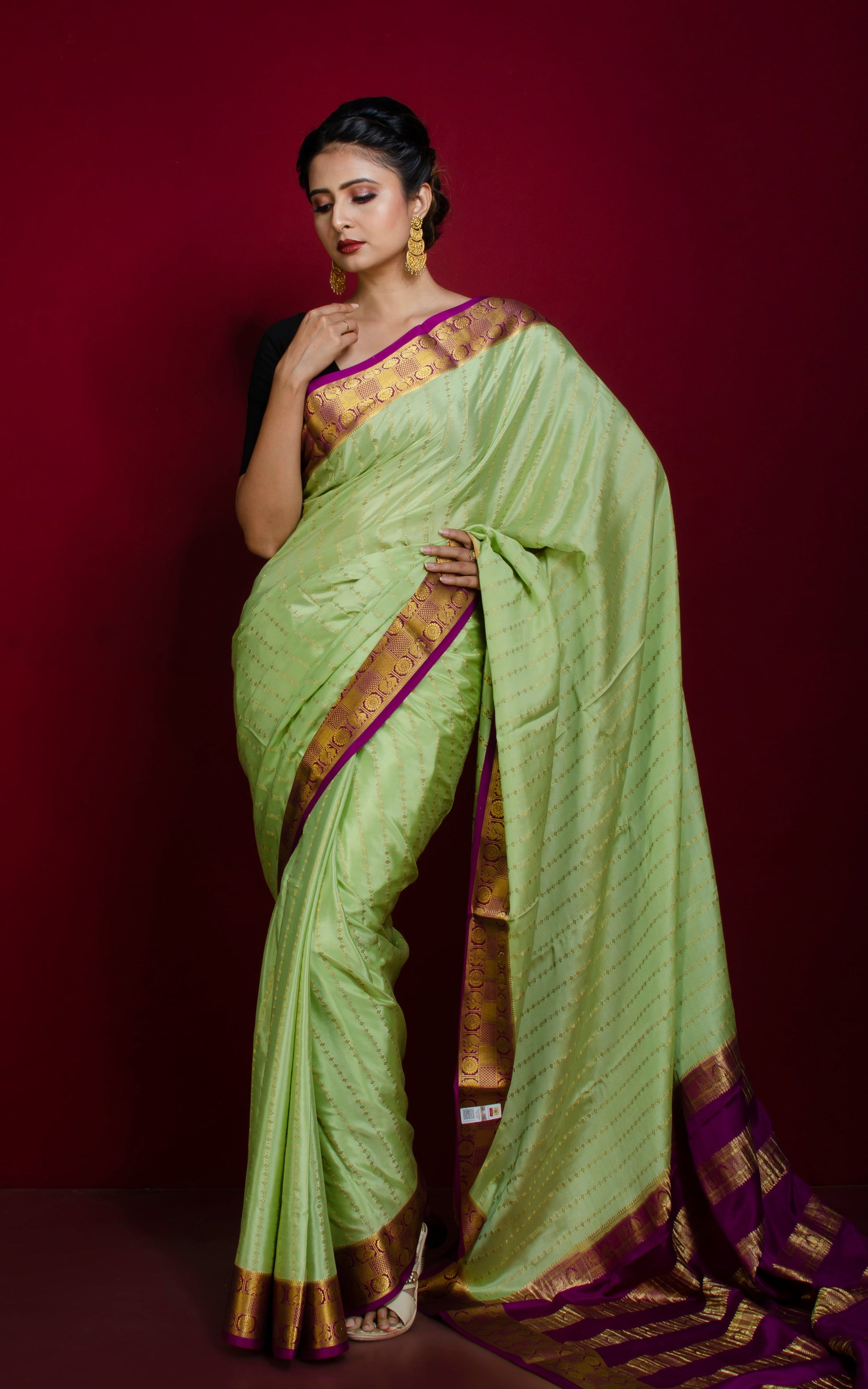 Soft Mysore Crepe Pure Silk Kanchipuram Saree in Tea Green, Cotton Dark Purple and Gold