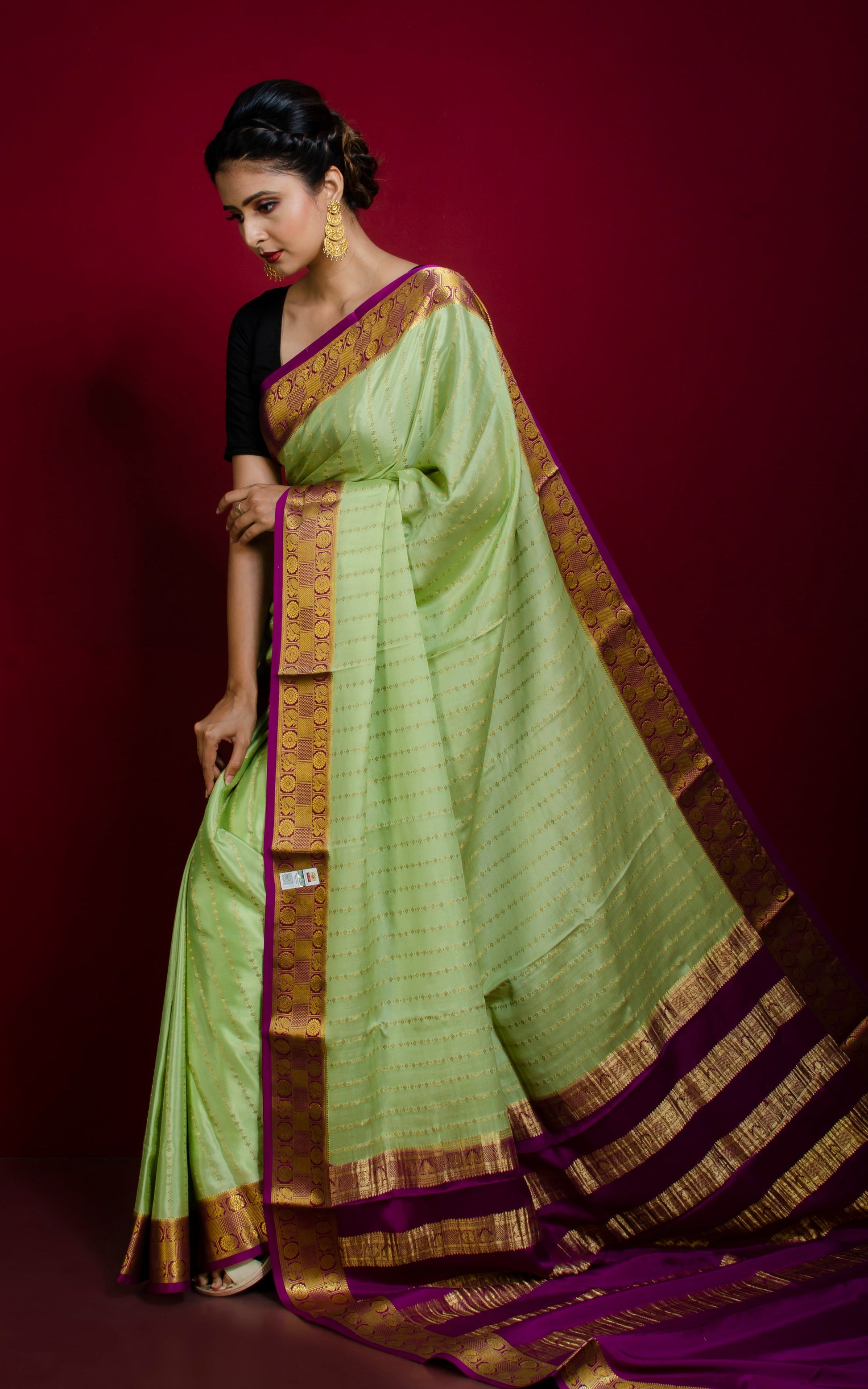 Soft Mysore Crepe Pure Silk Kanchipuram Saree in Tea Green, Cotton Dark Purple and Gold